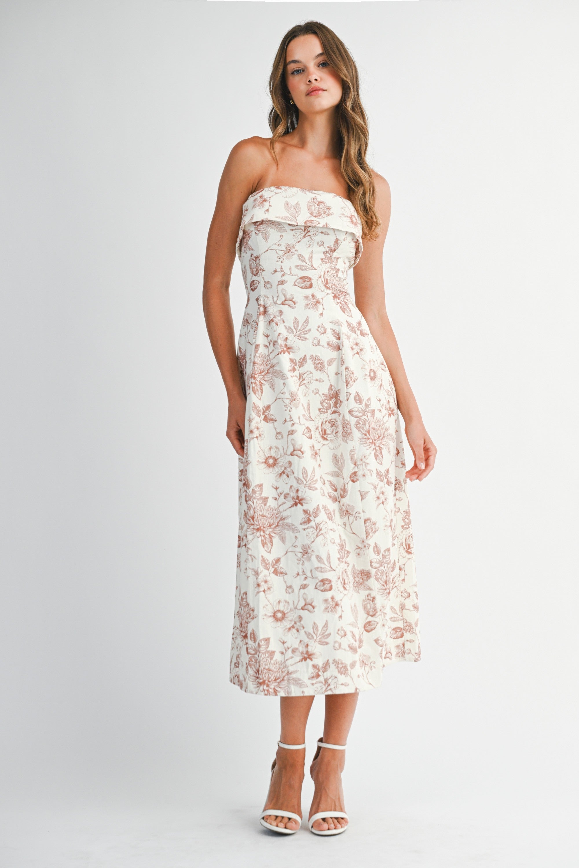 Mable Floral Print Fold Over Tube Midi Dress
