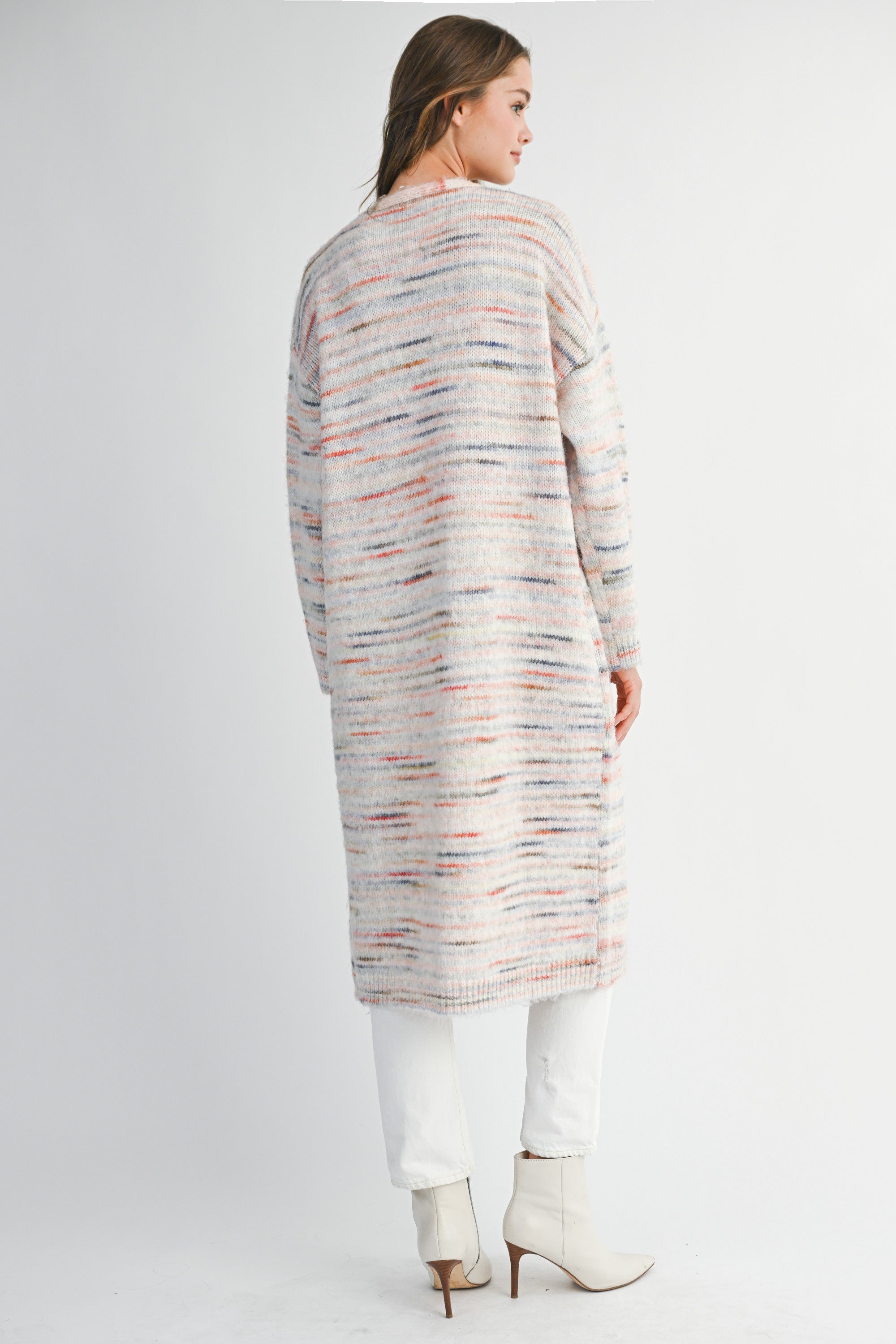 Mable Space Dye Pink Multi Color Stripe Open Midi Cardigan