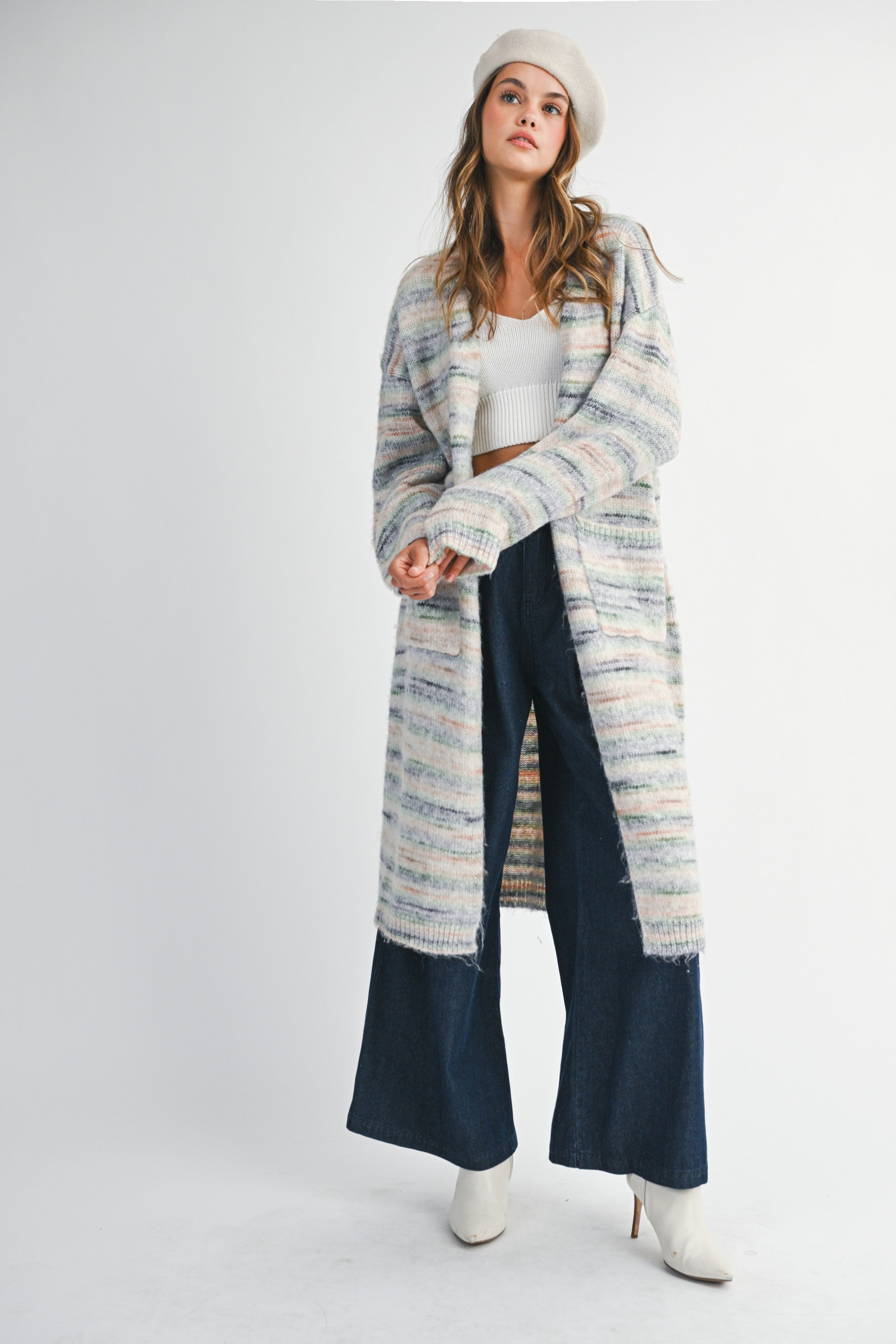 Mable Space Dye Mint Multi Color Stripe Open Cardigan