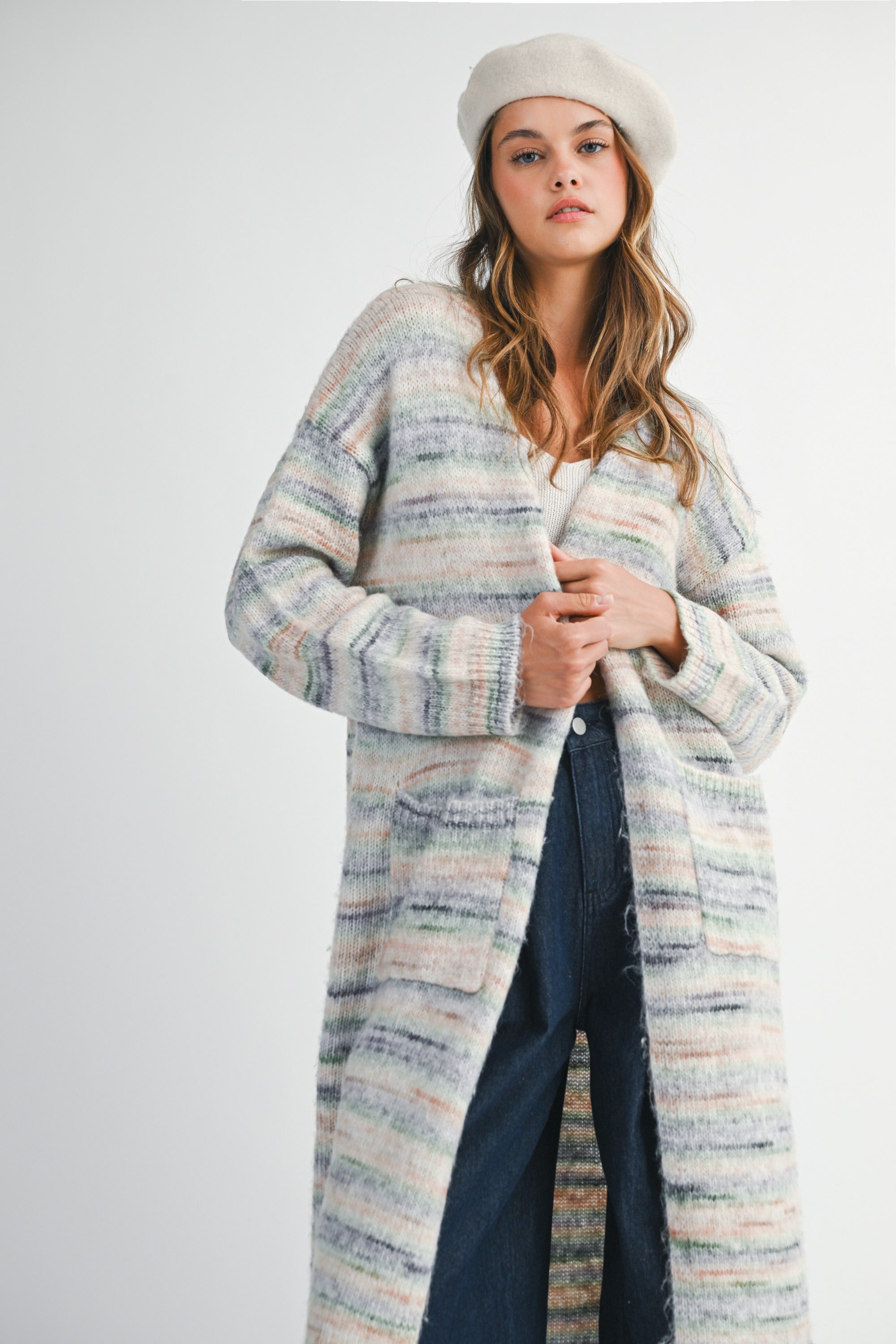 Mable Space Dye Mint Multi Color Stripe Open Cardigan
