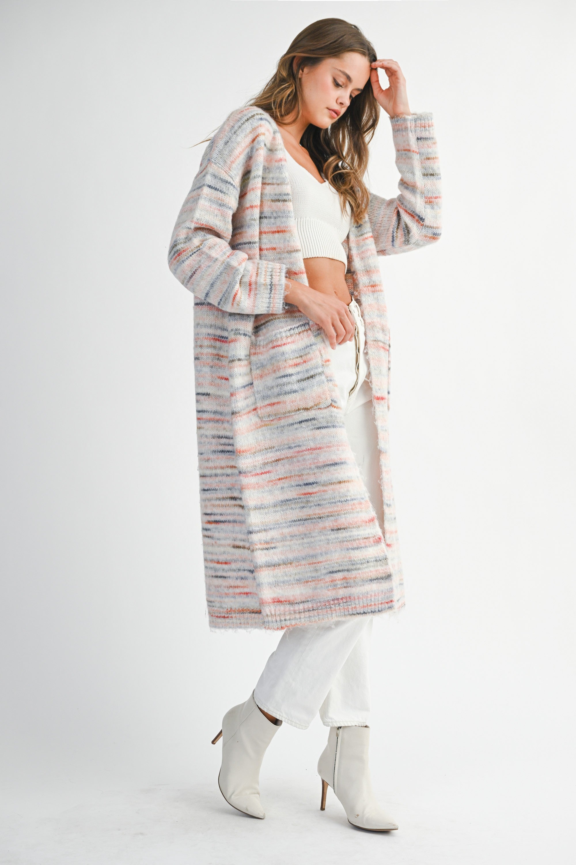 Mable Space Dye Pink Multi Color Stripe Open Midi Cardigan