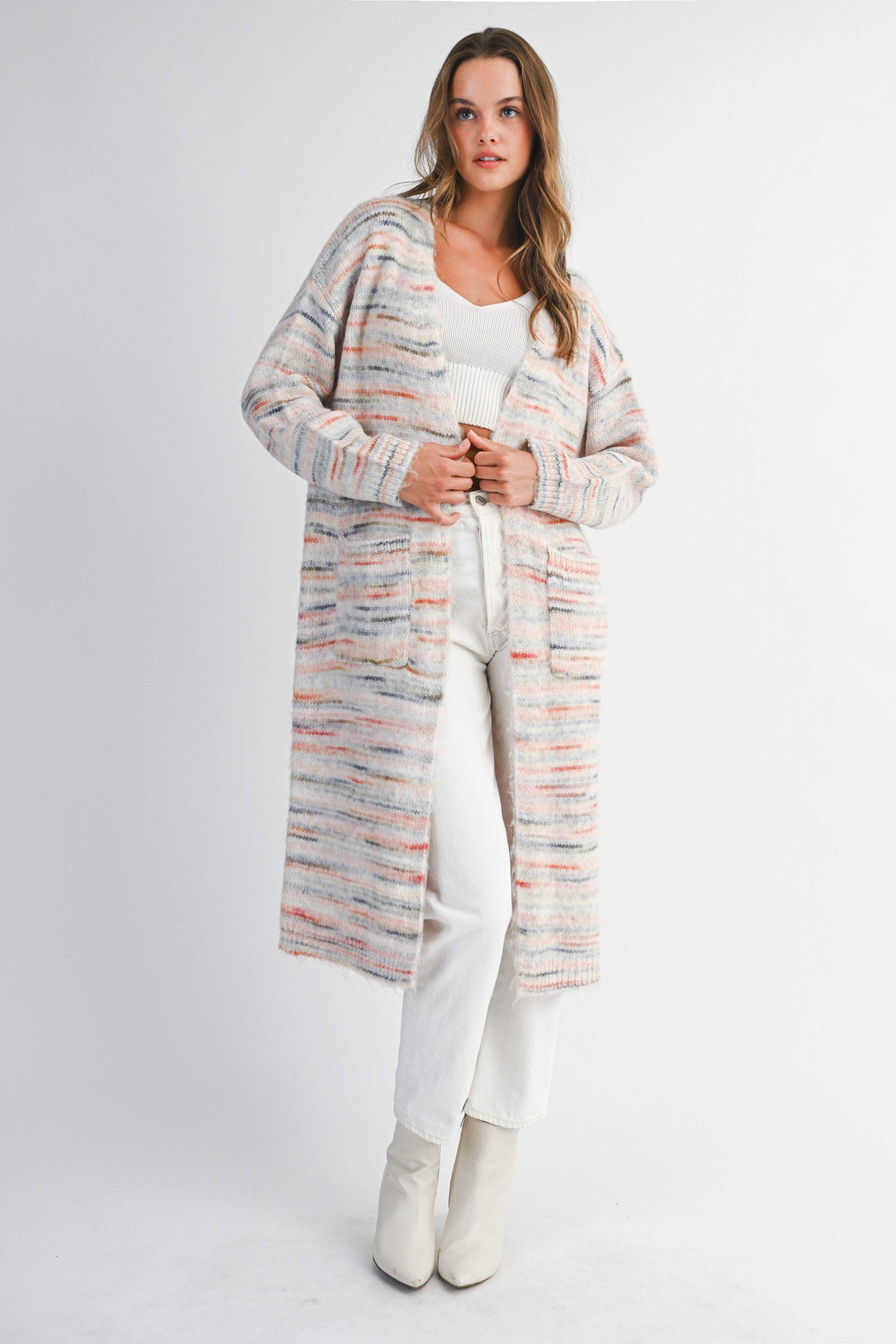 Mable Space Dye Pink Multi Color Stripe Open Midi Cardigan