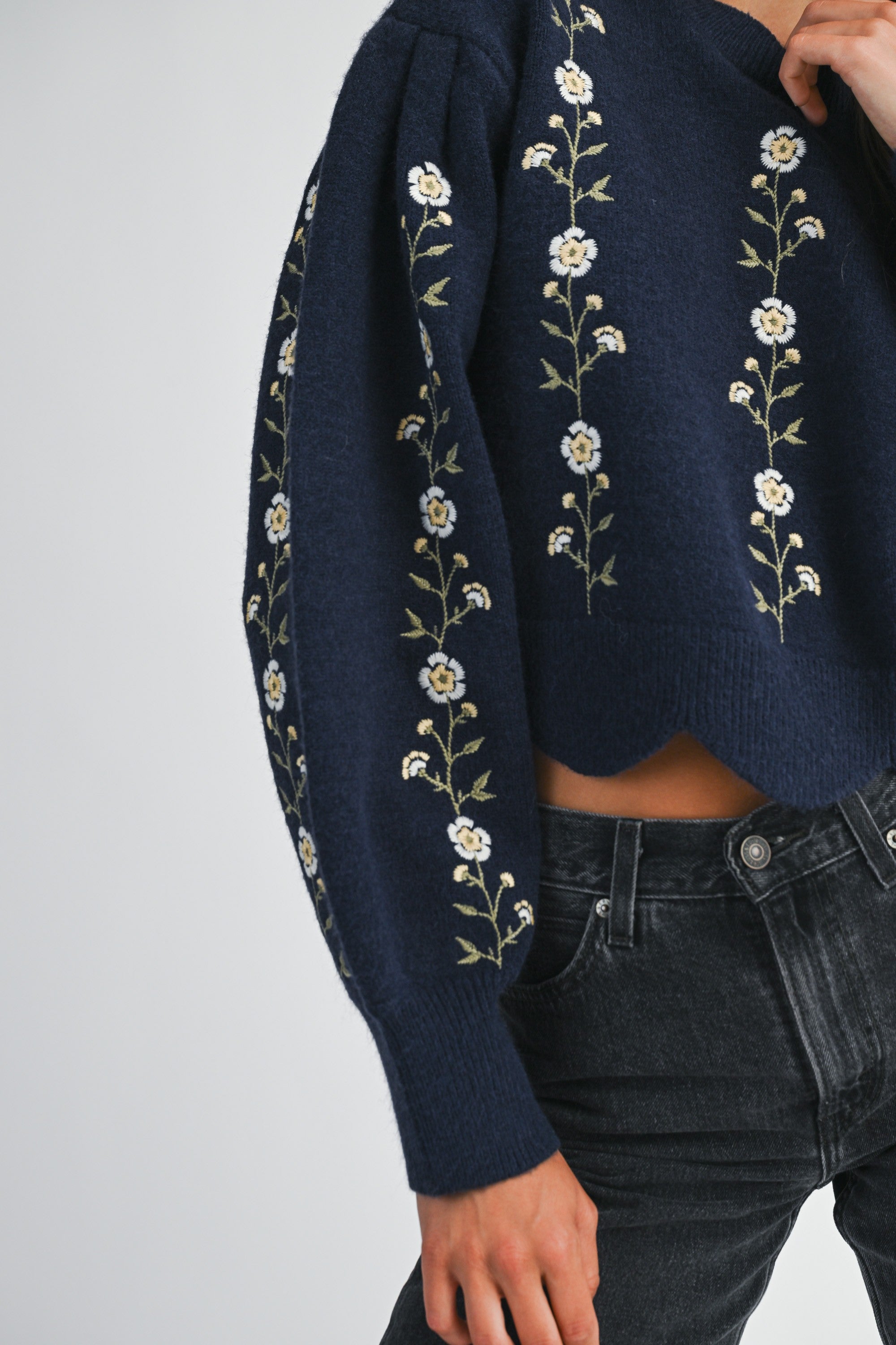 Mable Floral Embroidered Scallop Detail Top
