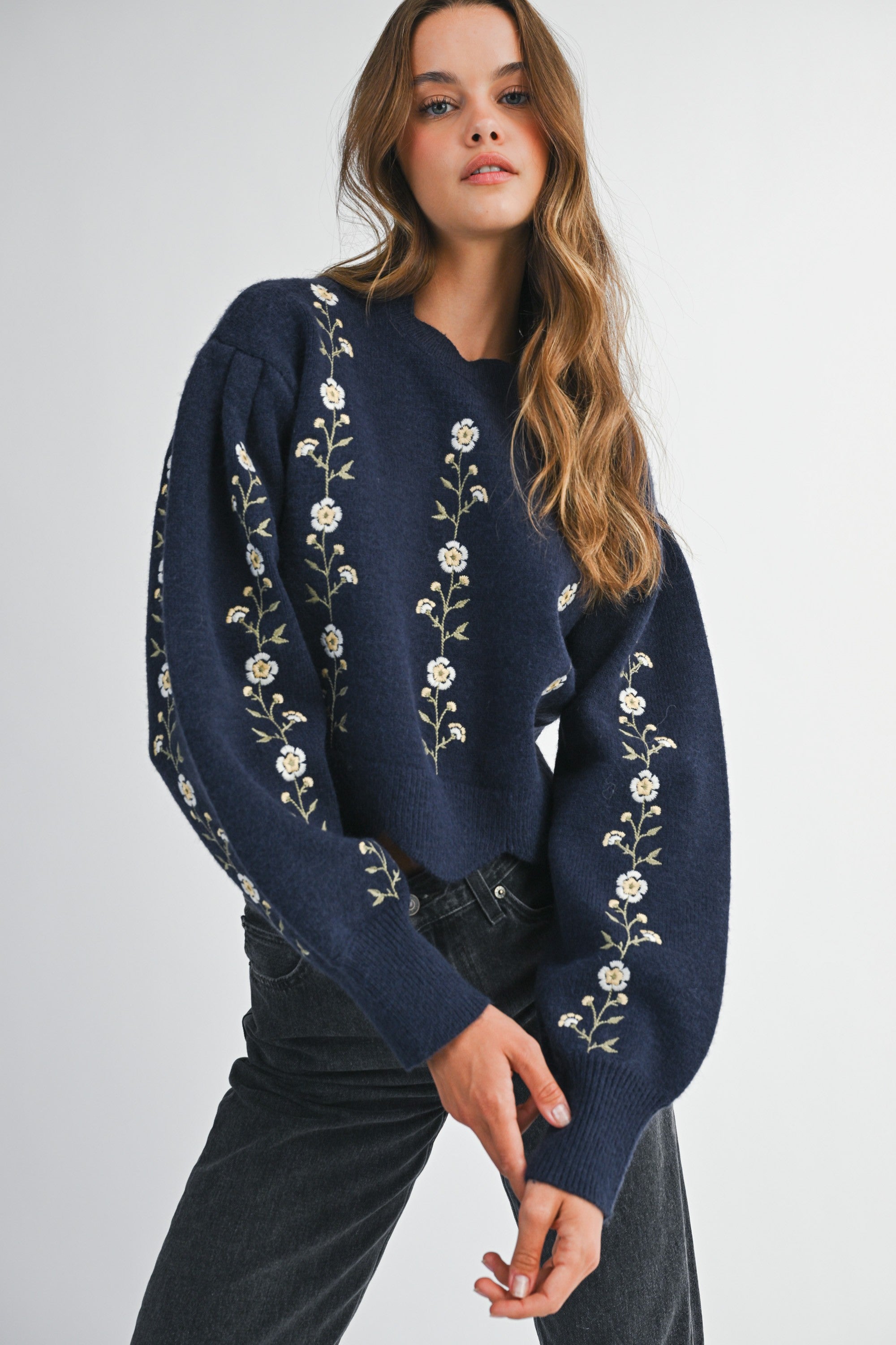 Mable Floral Embroidered Scallop Detail Top