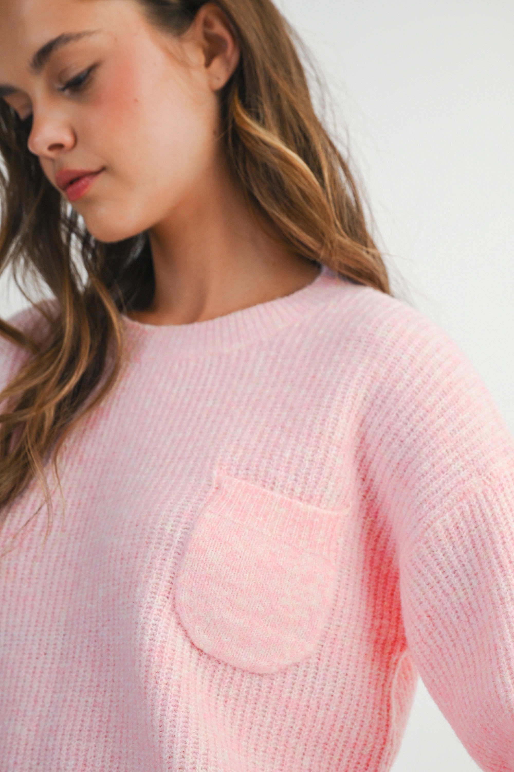 Mable Pink Solid Crew Neck Knit Pullover Sweater