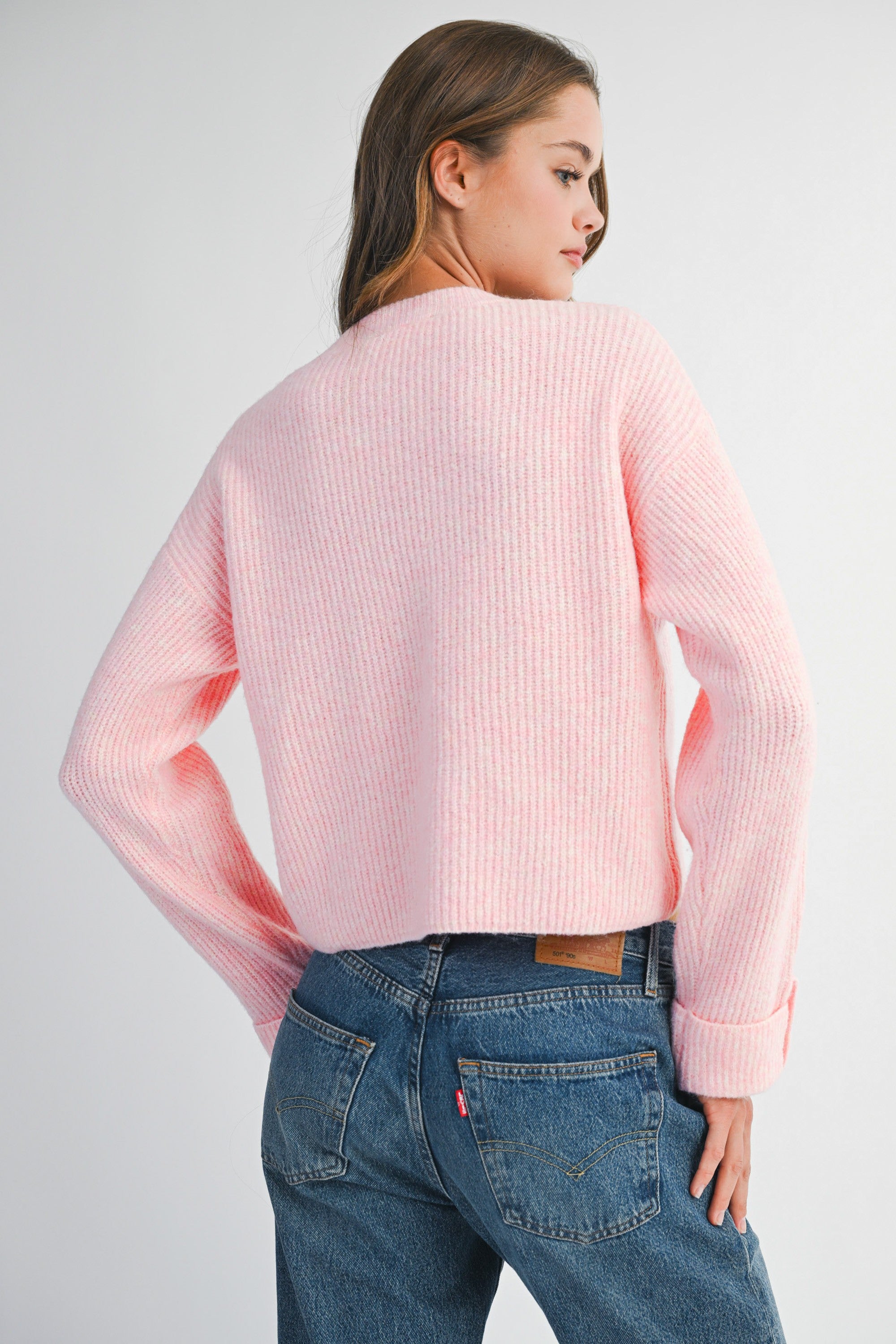 Mable Pink Solid Crew Neck Knit Pullover Sweater