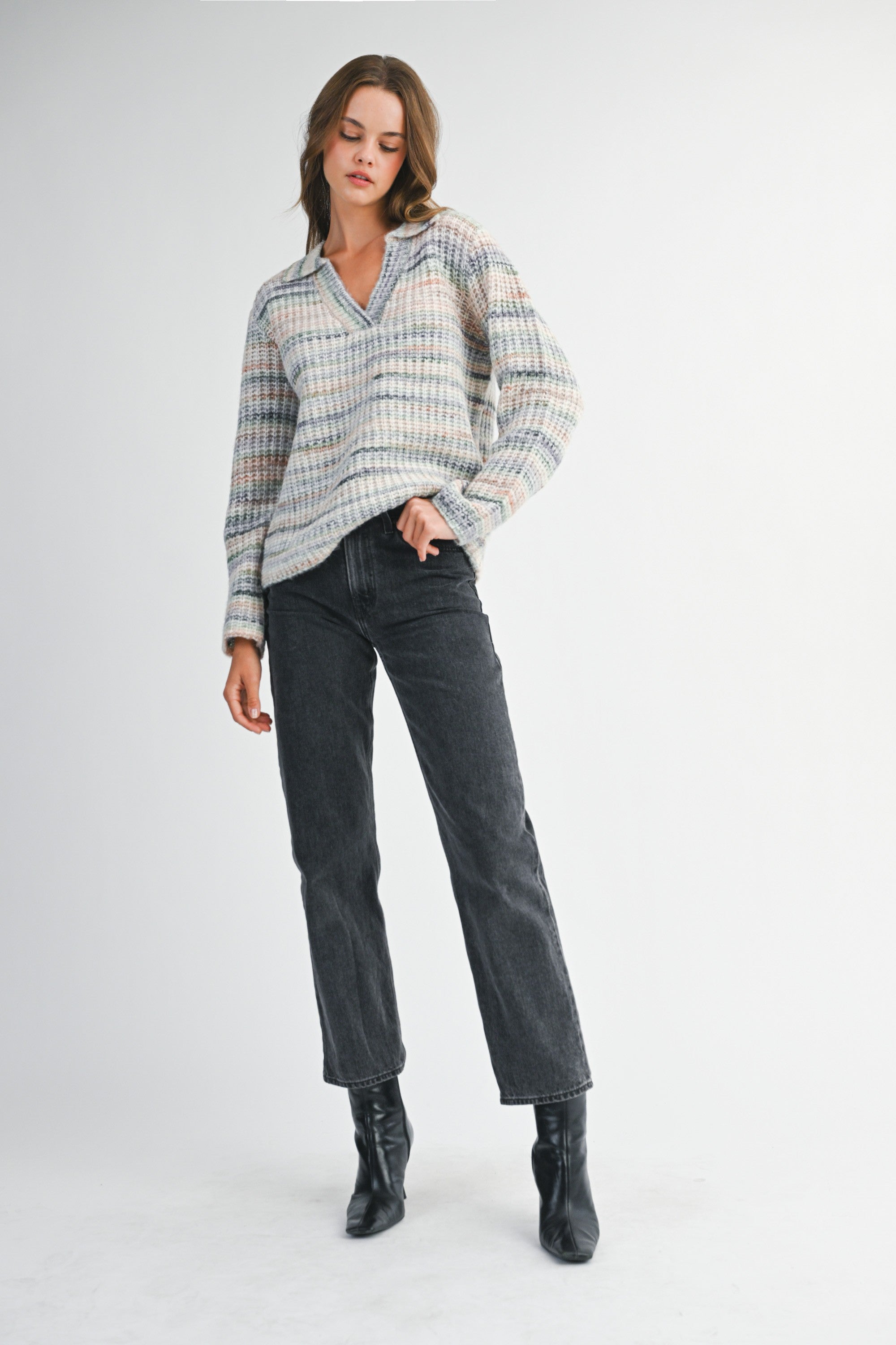 Mable Space Dye Multi Color Collar Pullover Knit Sweater