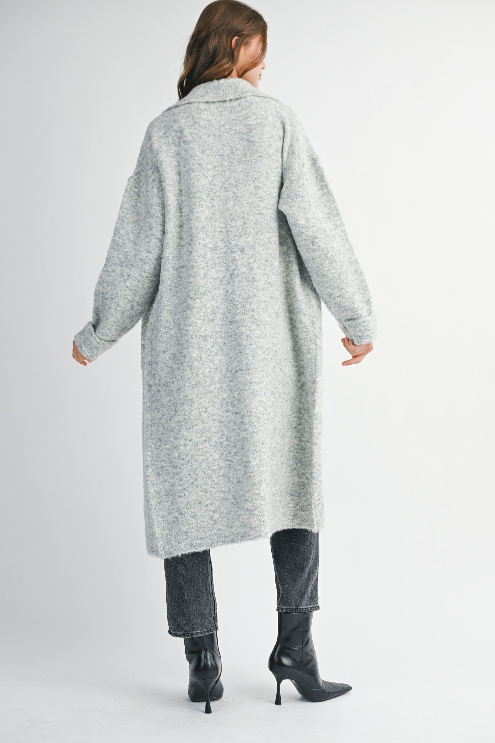 Mable Knit Collared Open Long Cardigan Jacket
