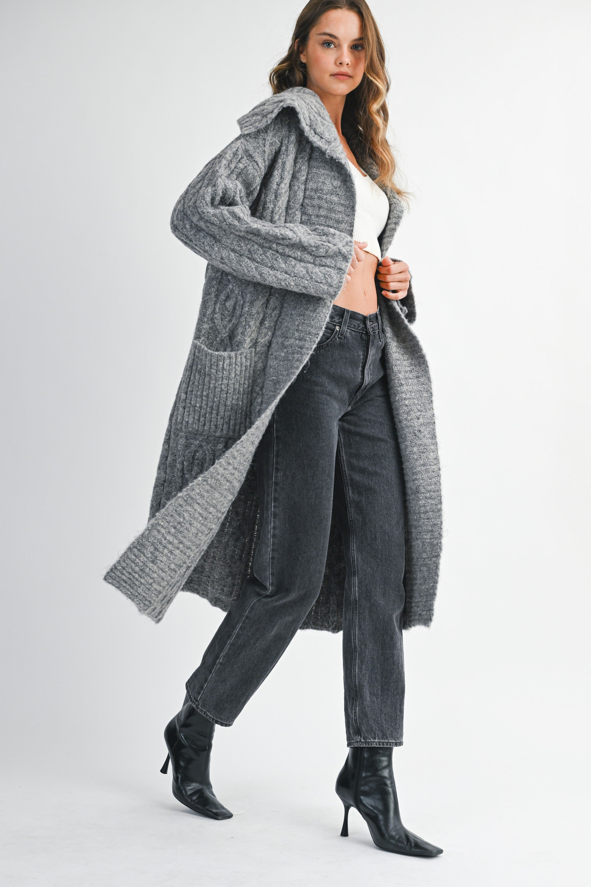 Mable Chunky Cable Knit Folded Collar Open Cardigan