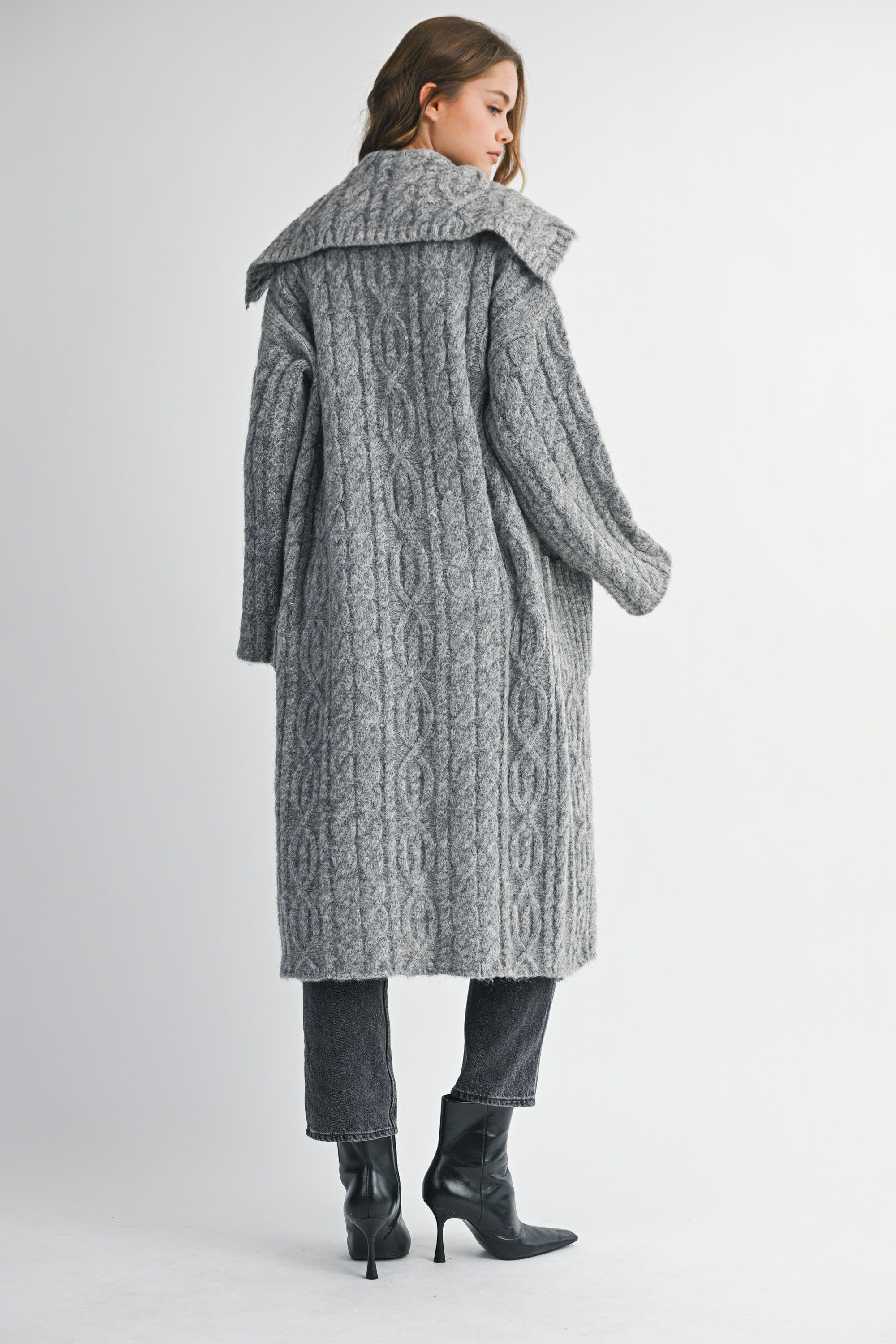 Mable Chunky Cable Knit Folded Collar Open Cardigan