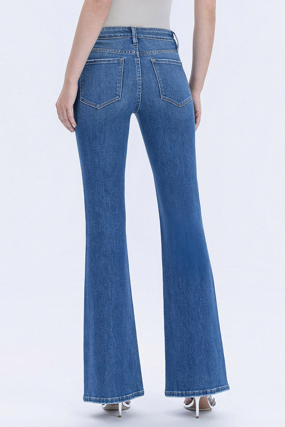 Vervet Mid Rise Welt Pocket Pin Tuck Flare Jeans