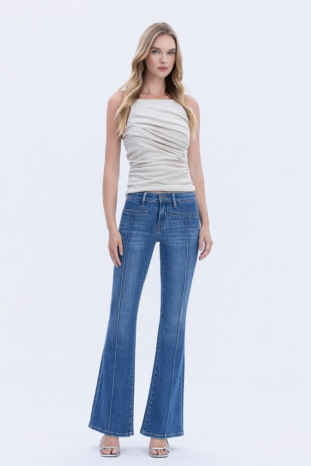 Vervet Mid Rise Welt Pocket Pin Tuck Flare Jeans