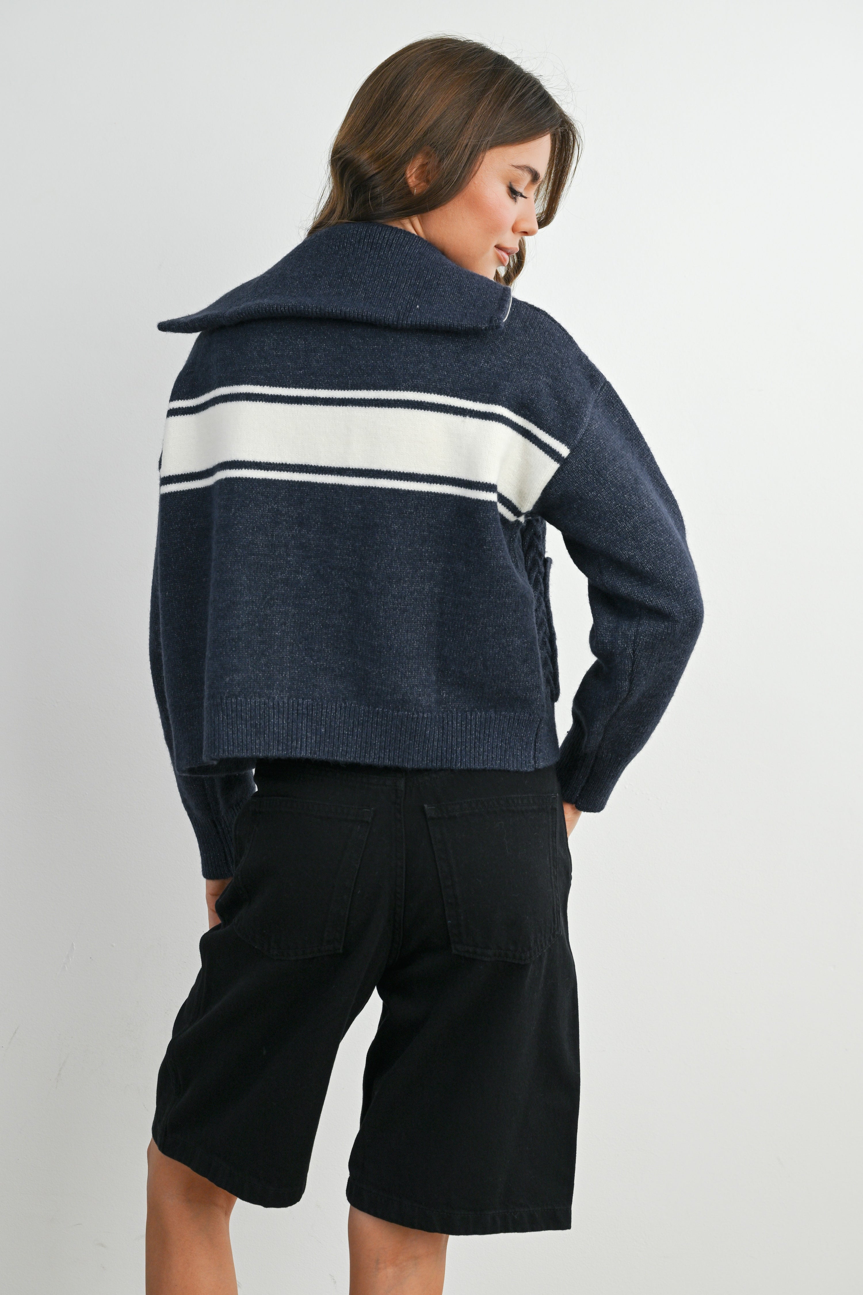 Buttermelon Zip-front Collared Striped Knit Long Sleeve Top
