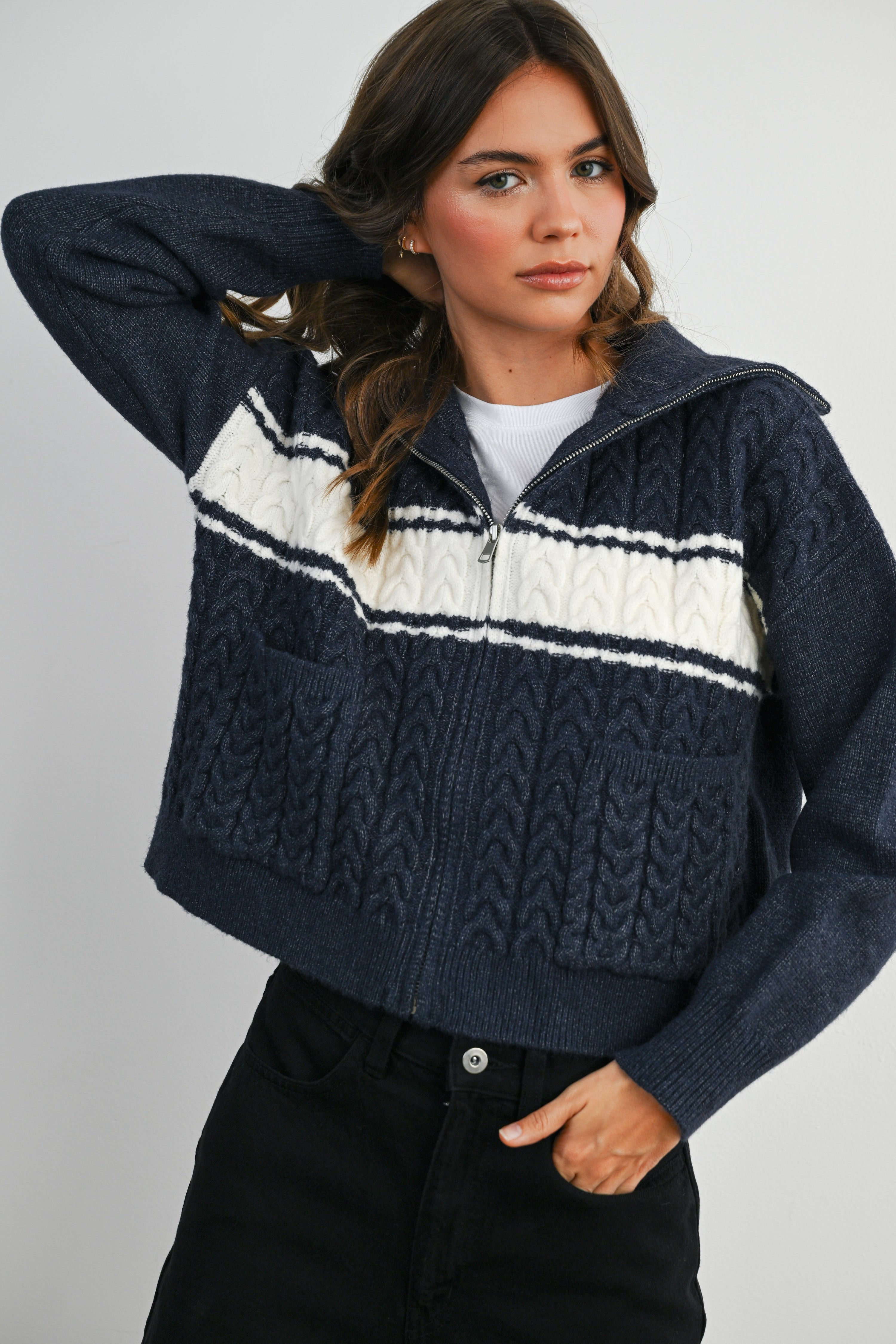 Buttermelon Zip-front Collared Striped Knit Long Sleeve Top