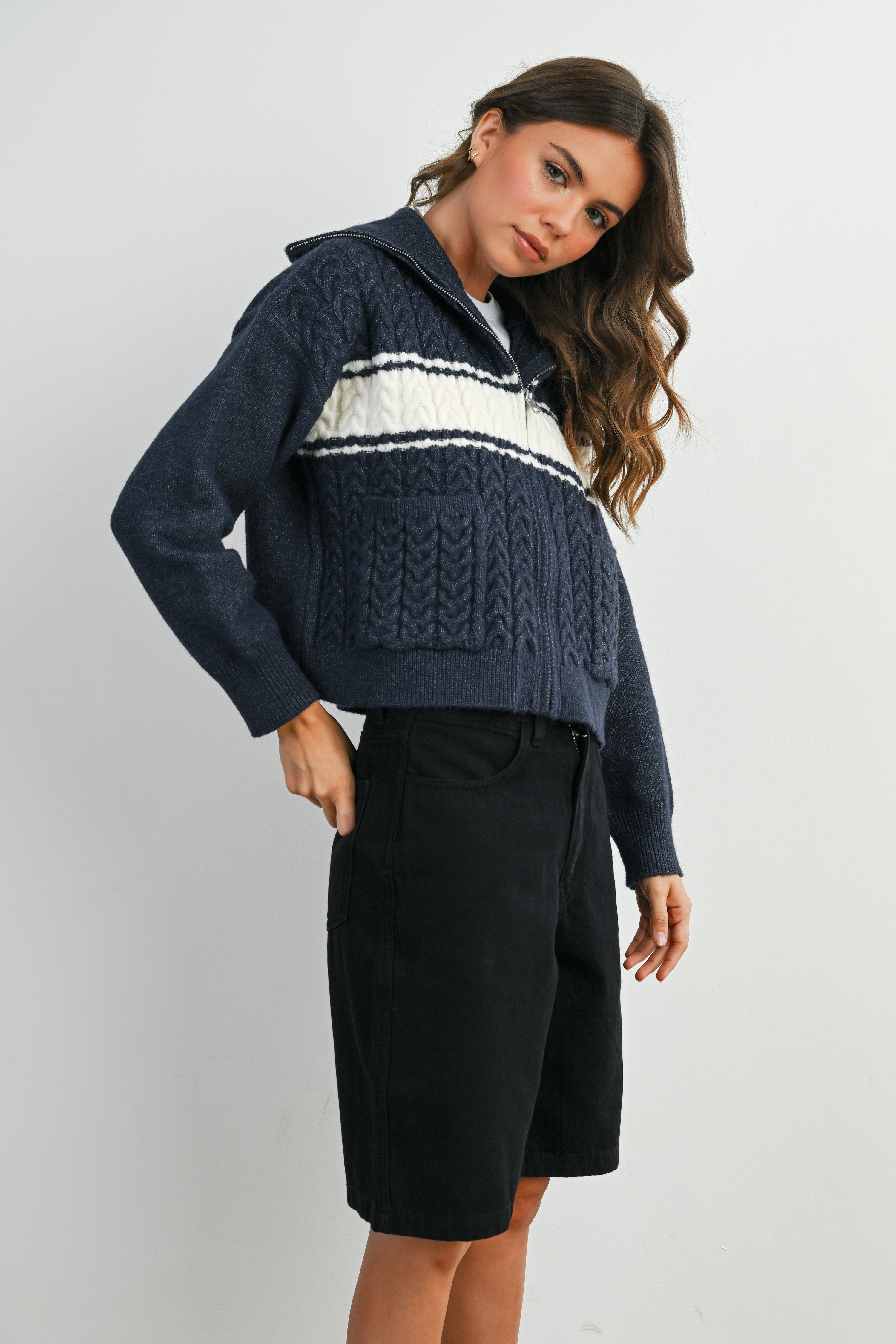 Buttermelon Zip-front Collared Striped Knit Long Sleeve Top
