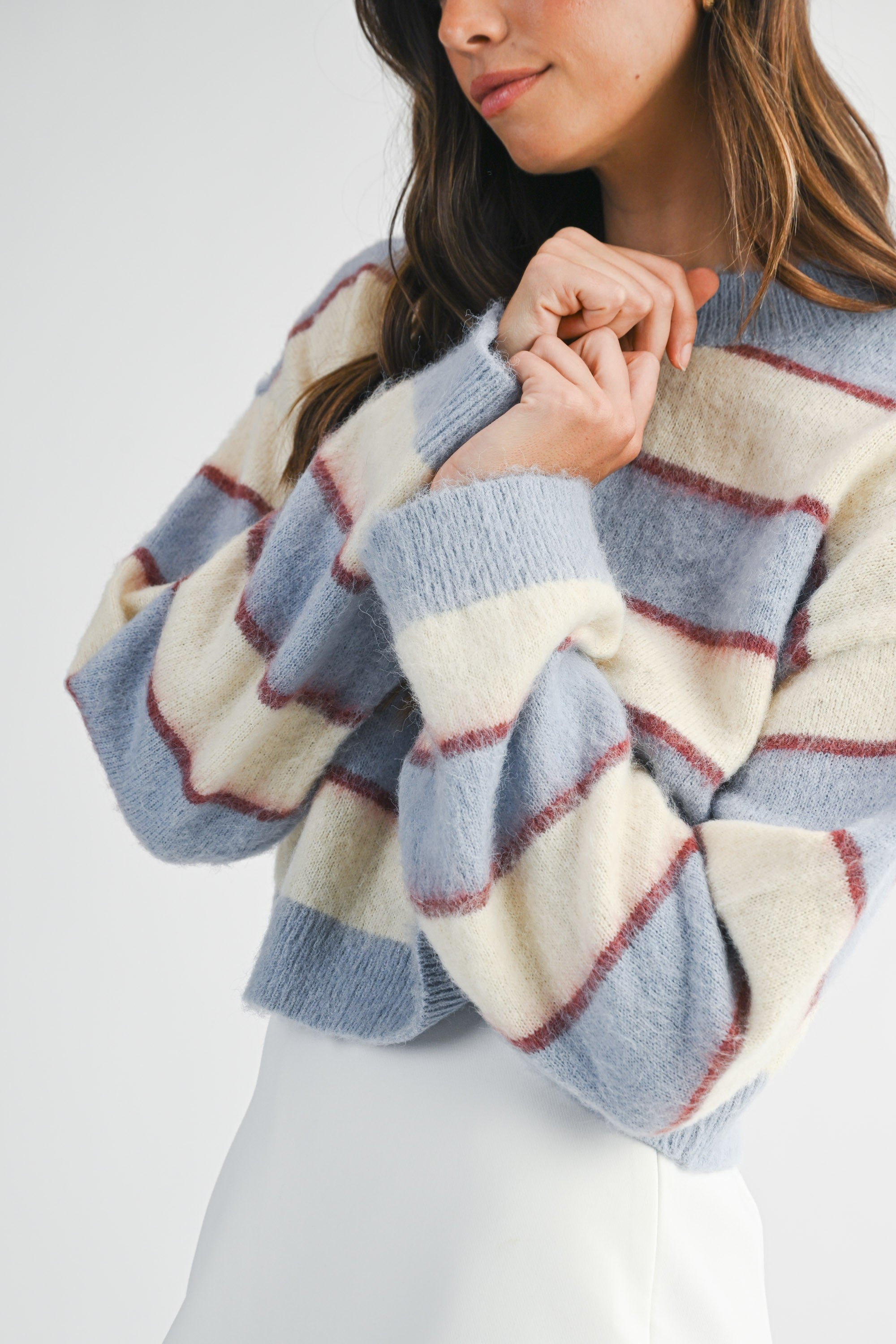 Mable Fuzzy Stripe Crop Sweater Top