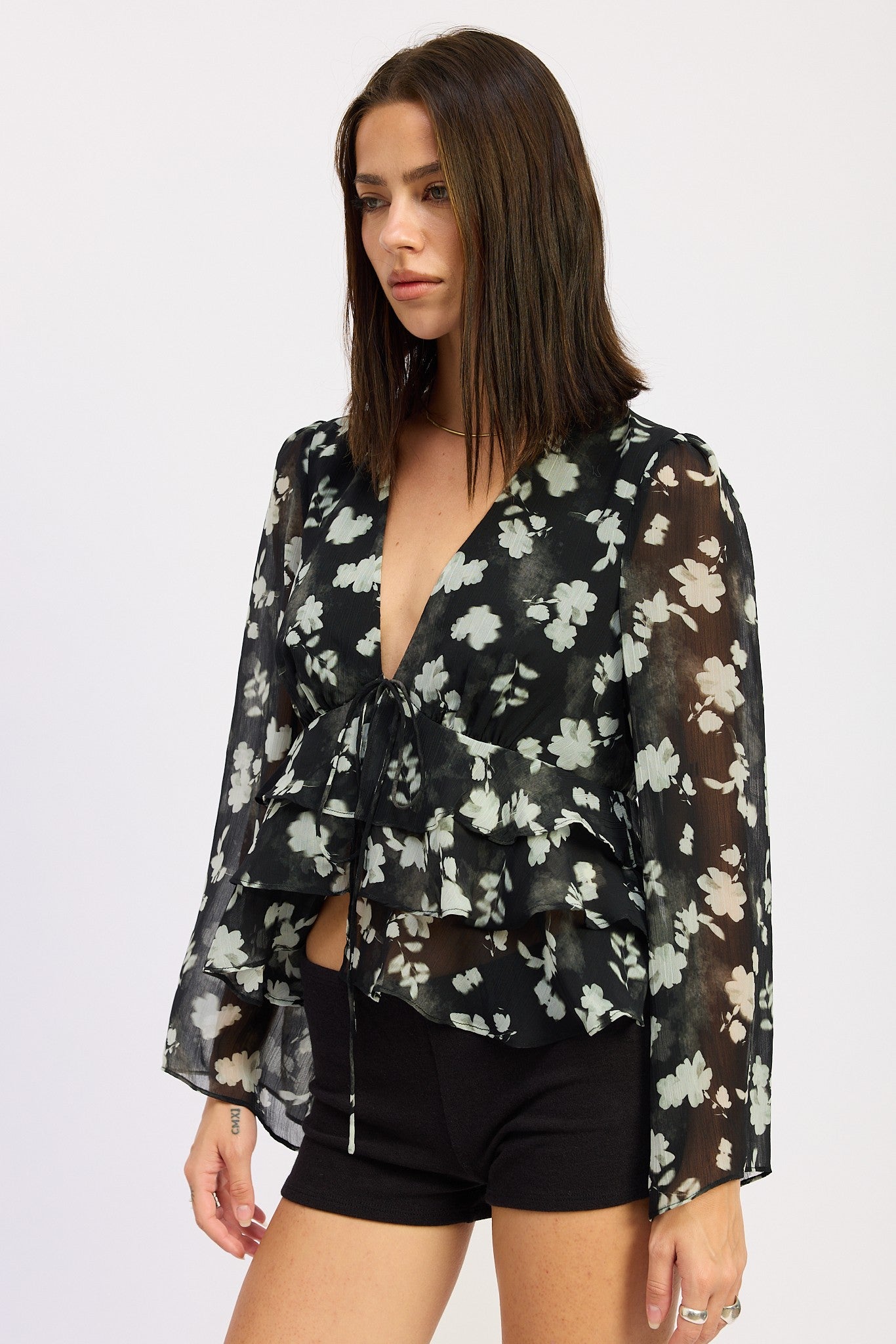 Emory Park Floral Tie Front Ruffled Blouse