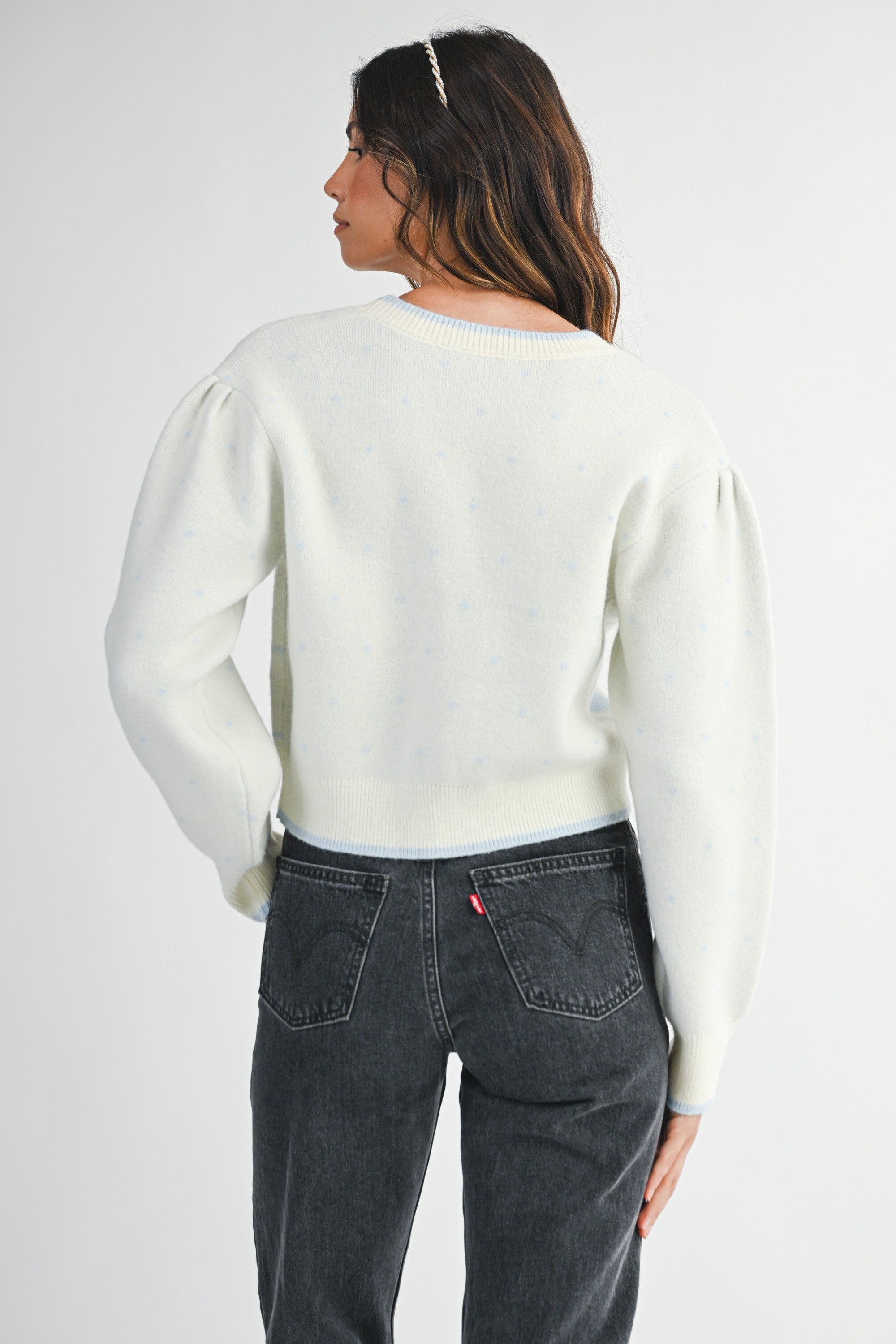 Mable Polka Dot with Heart Jacquard V Neck Cardigan