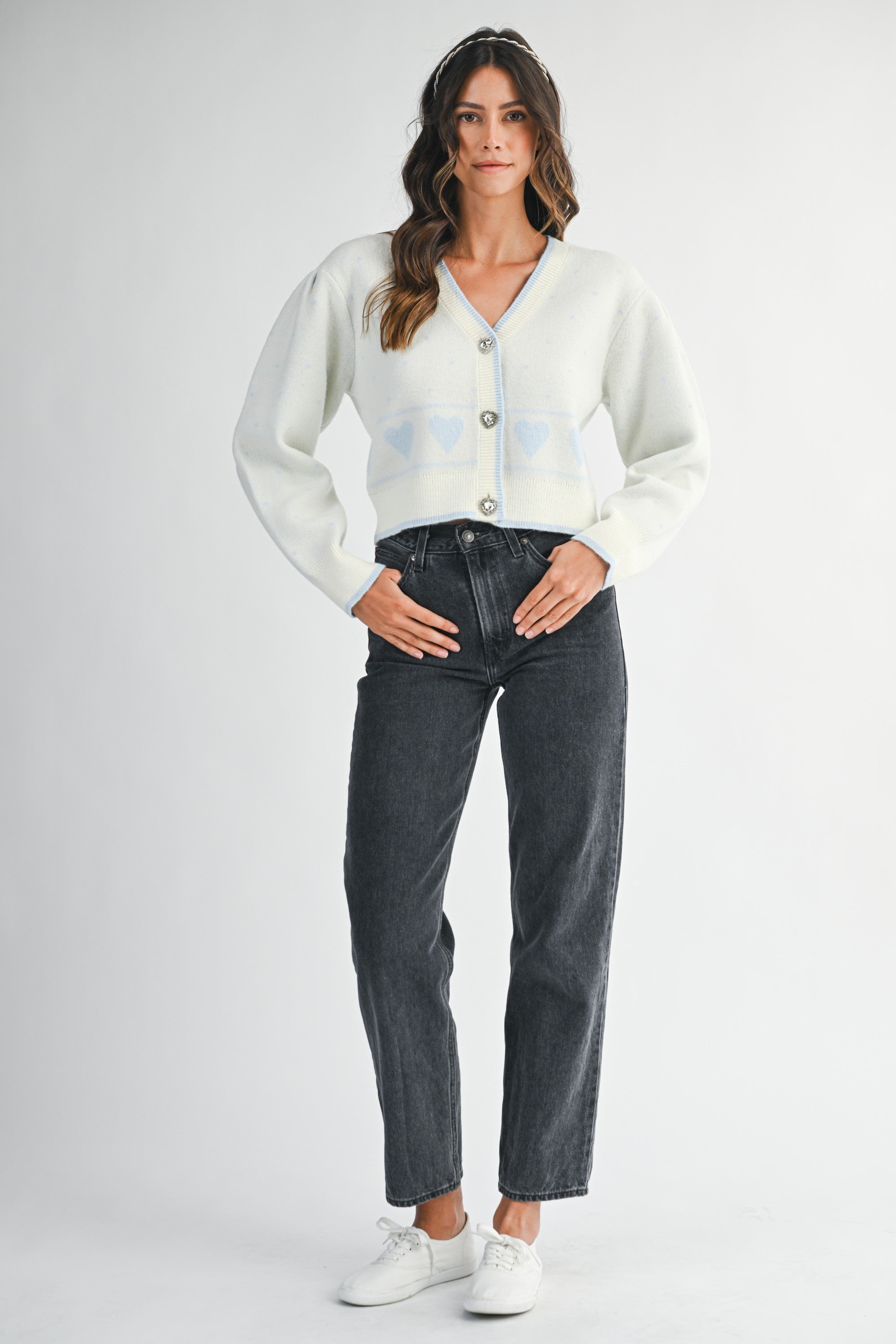 Mable Polka Dot with Heart Jacquard V Neck Cardigan