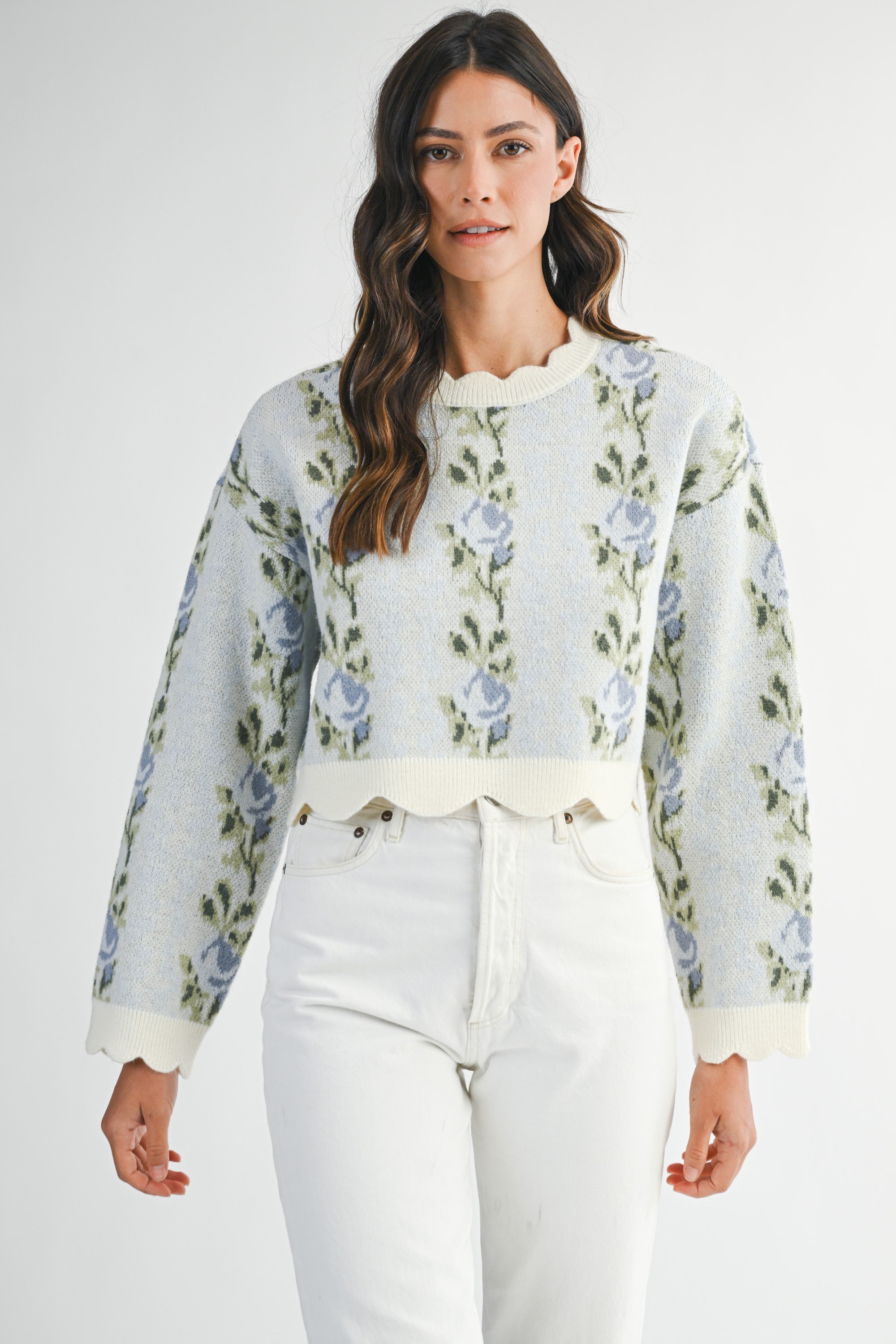 Mable Floral Jacquard Scallop Detail Knit Sweater (Various Colors)