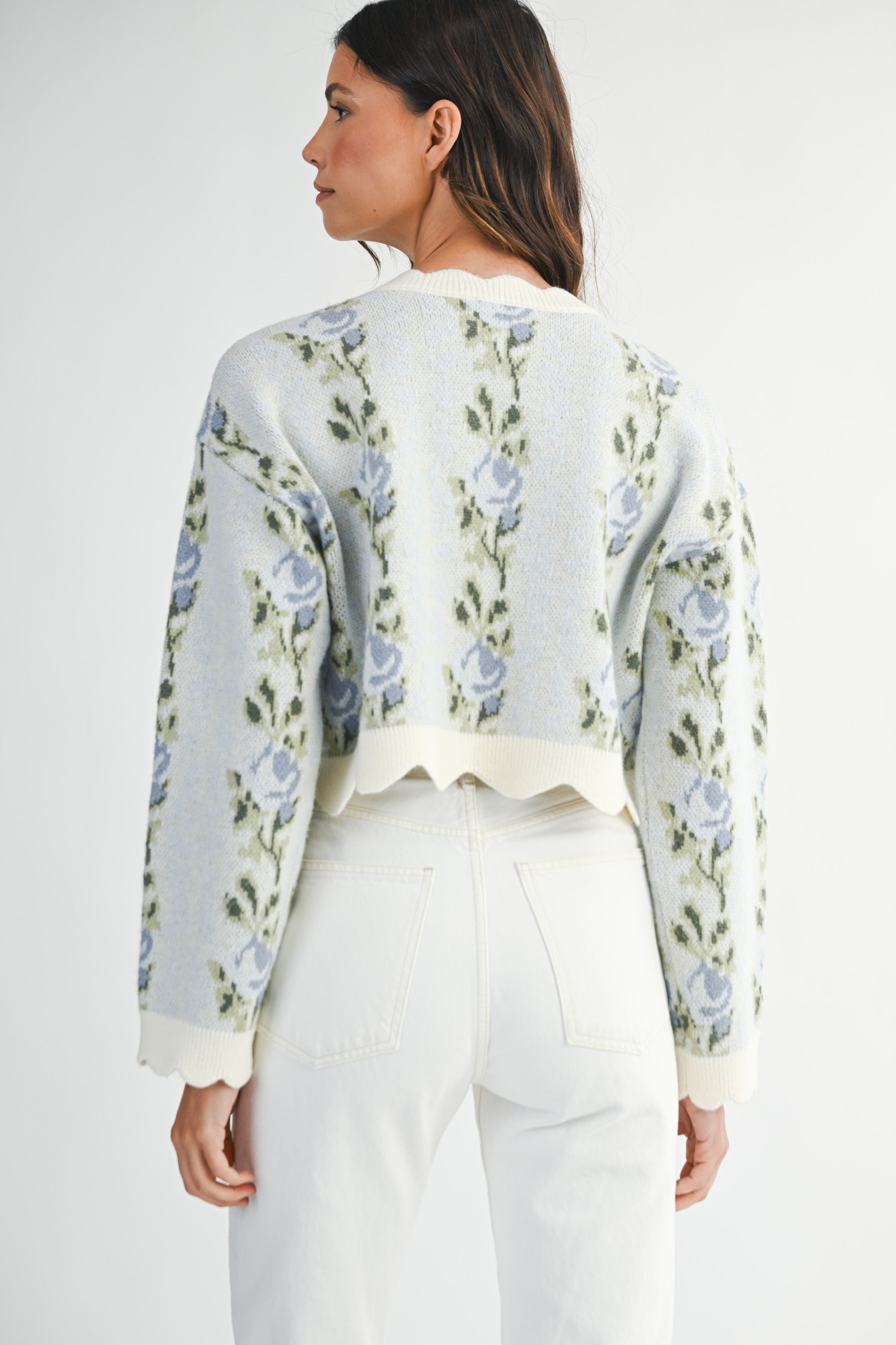 Mable Floral Jacquard Scallop Detail Knit Sweater (Various Colors)