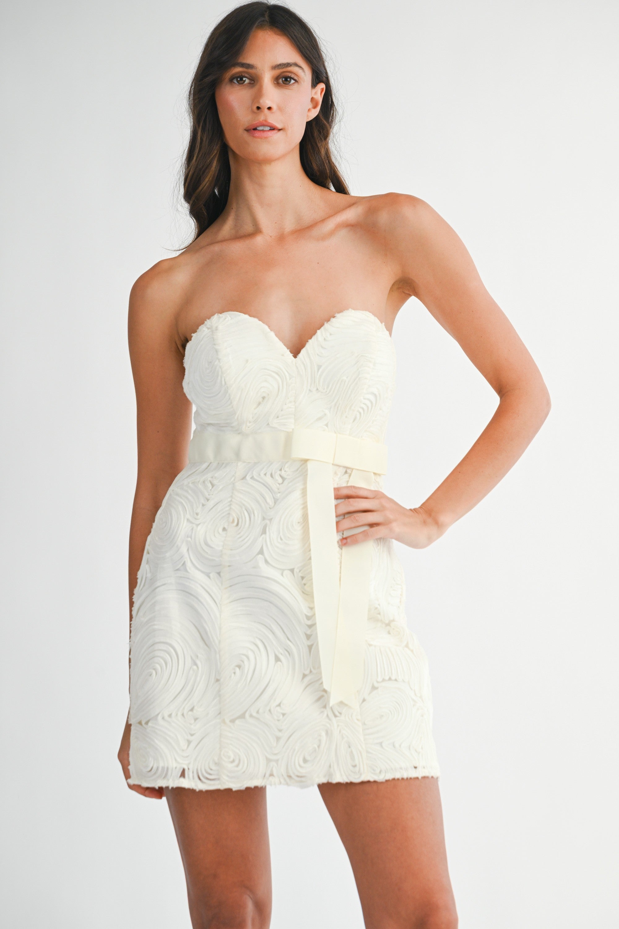 Mable Textured Swirl Applique Sweetheart Neck Mini Dress (Various Colors)