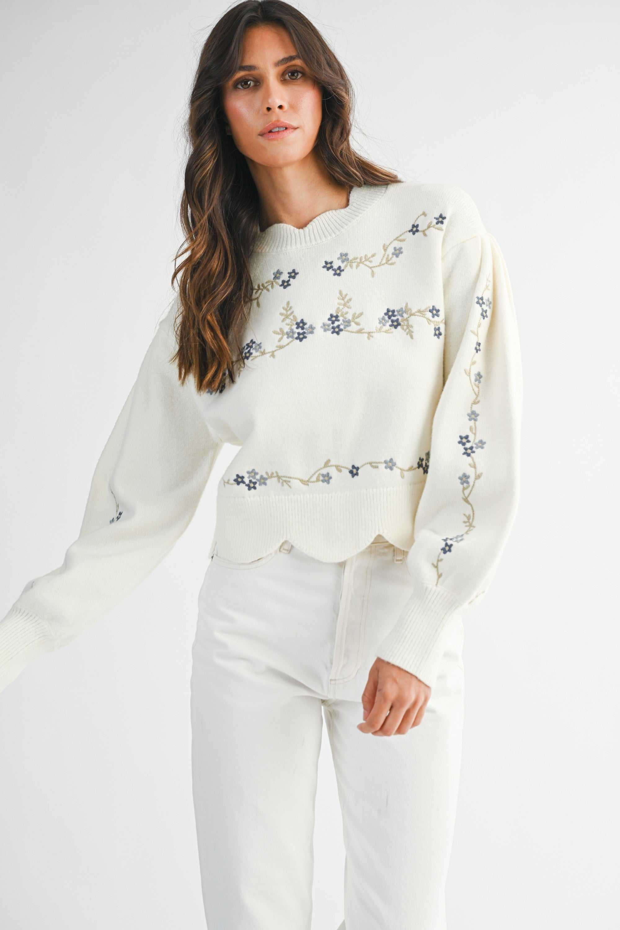 Mable Floral Embroidered Scallop Detail Knit Top