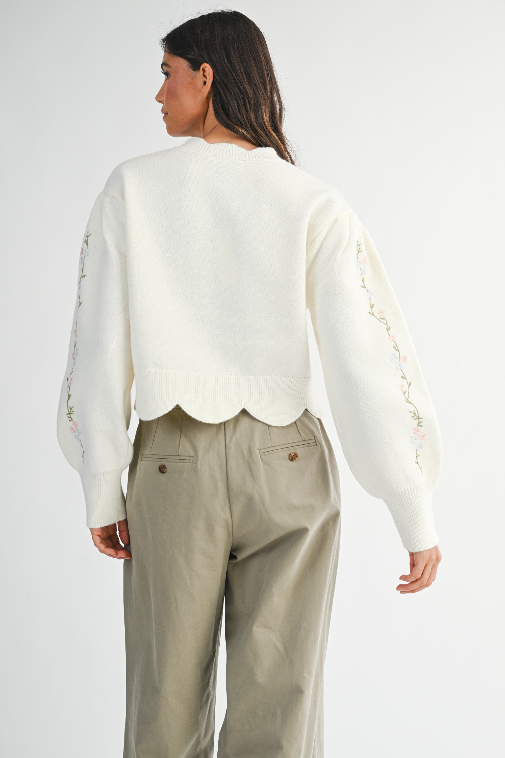 Mable Floral Embroidered Scallop Detail Knit Top