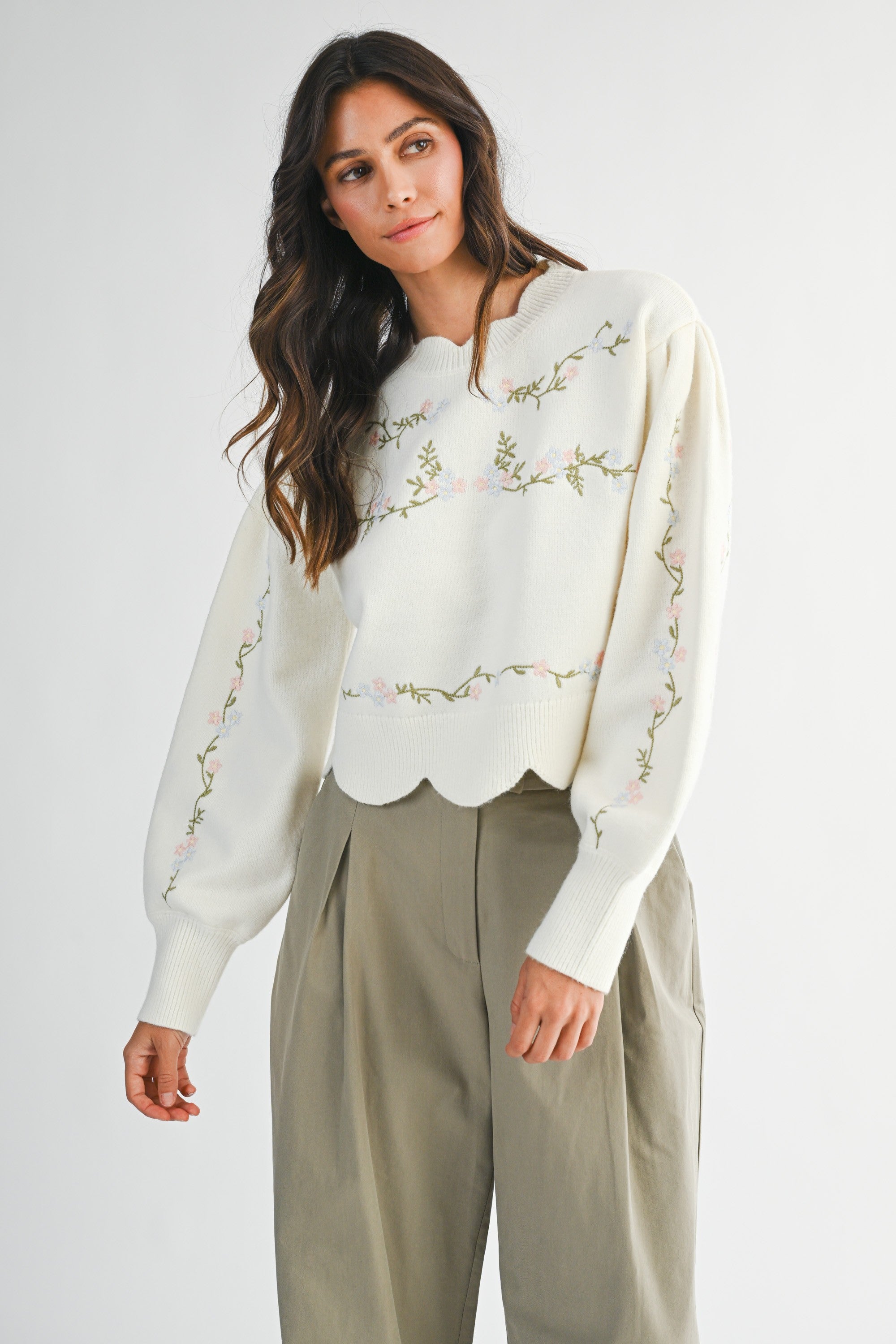 Mable Floral Embroidered Scallop Detail Knit Top