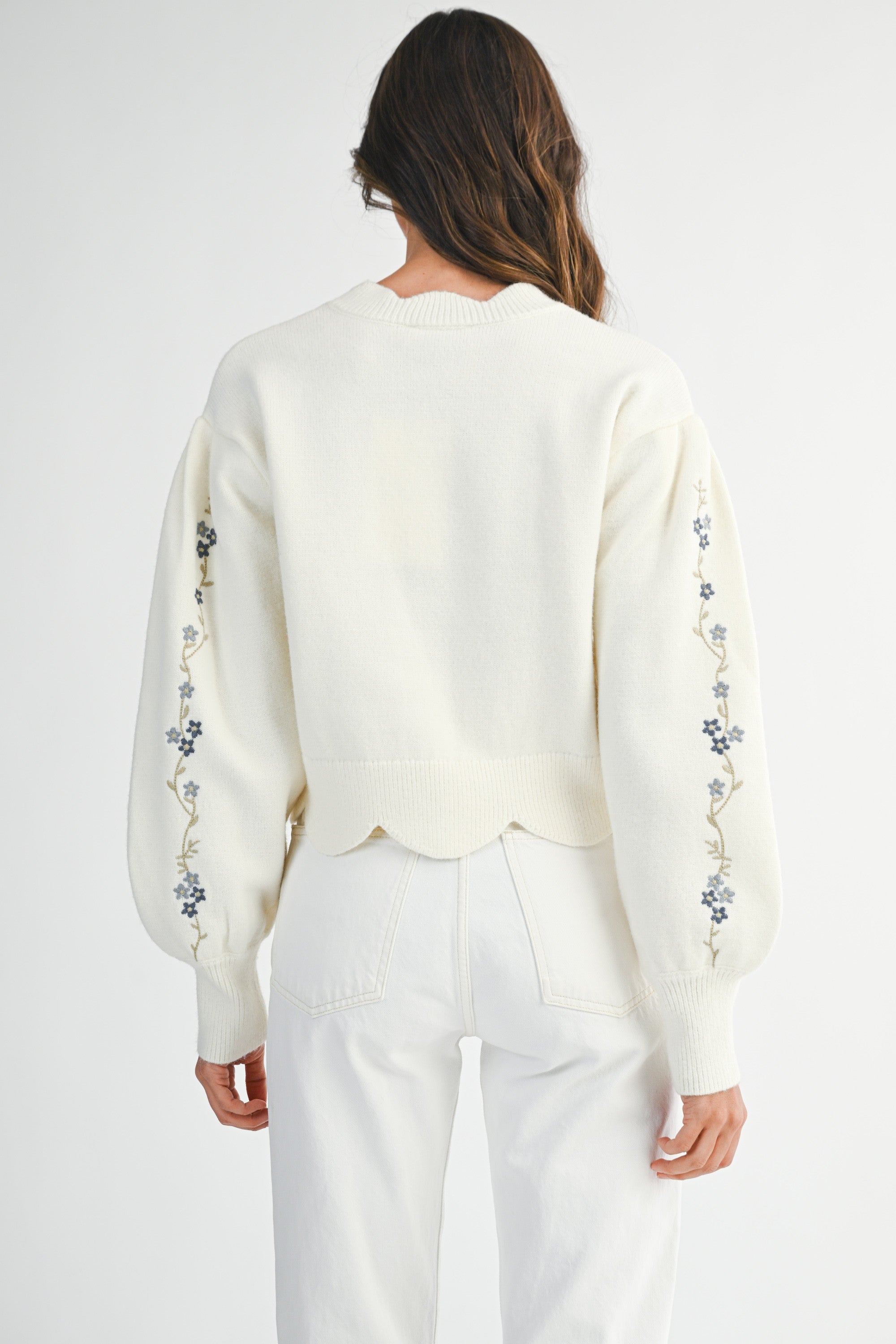 Mable Floral Embroidered Scallop Detail Knit Top