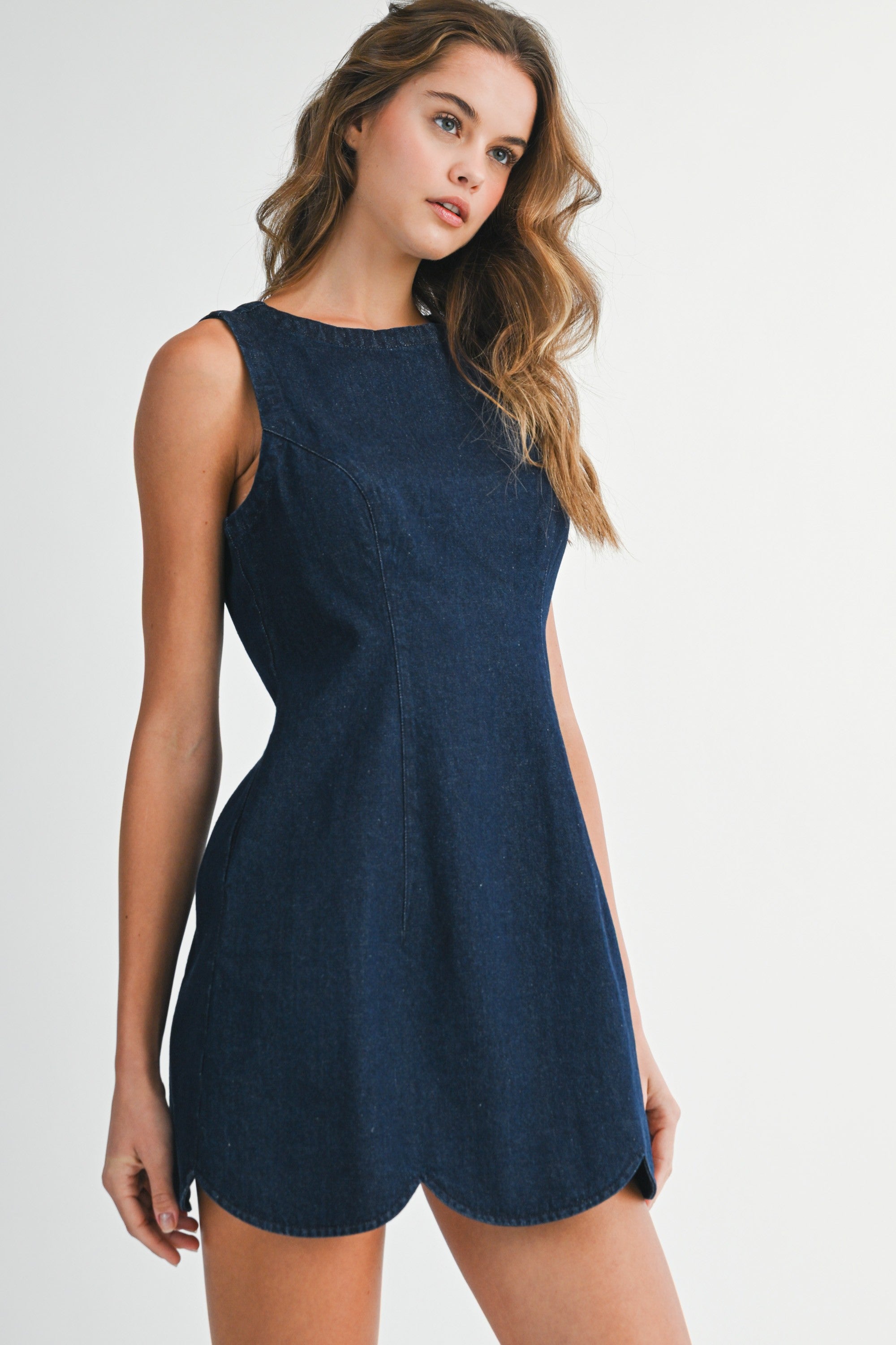 Mable Denim Mini Dress With Scallop Hem