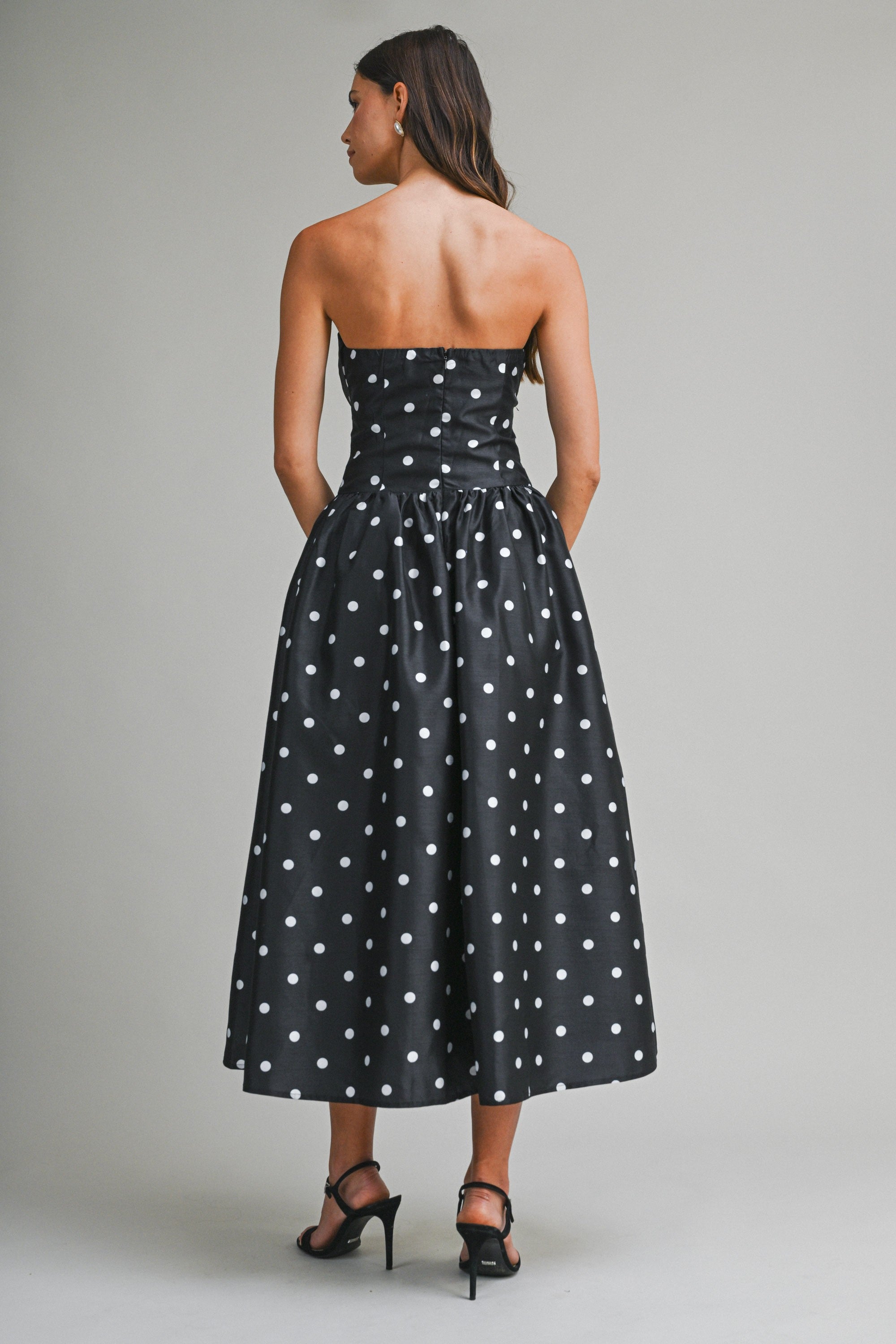 Mable Polka Dot Strapless Midi Dress With Pleated Bodice