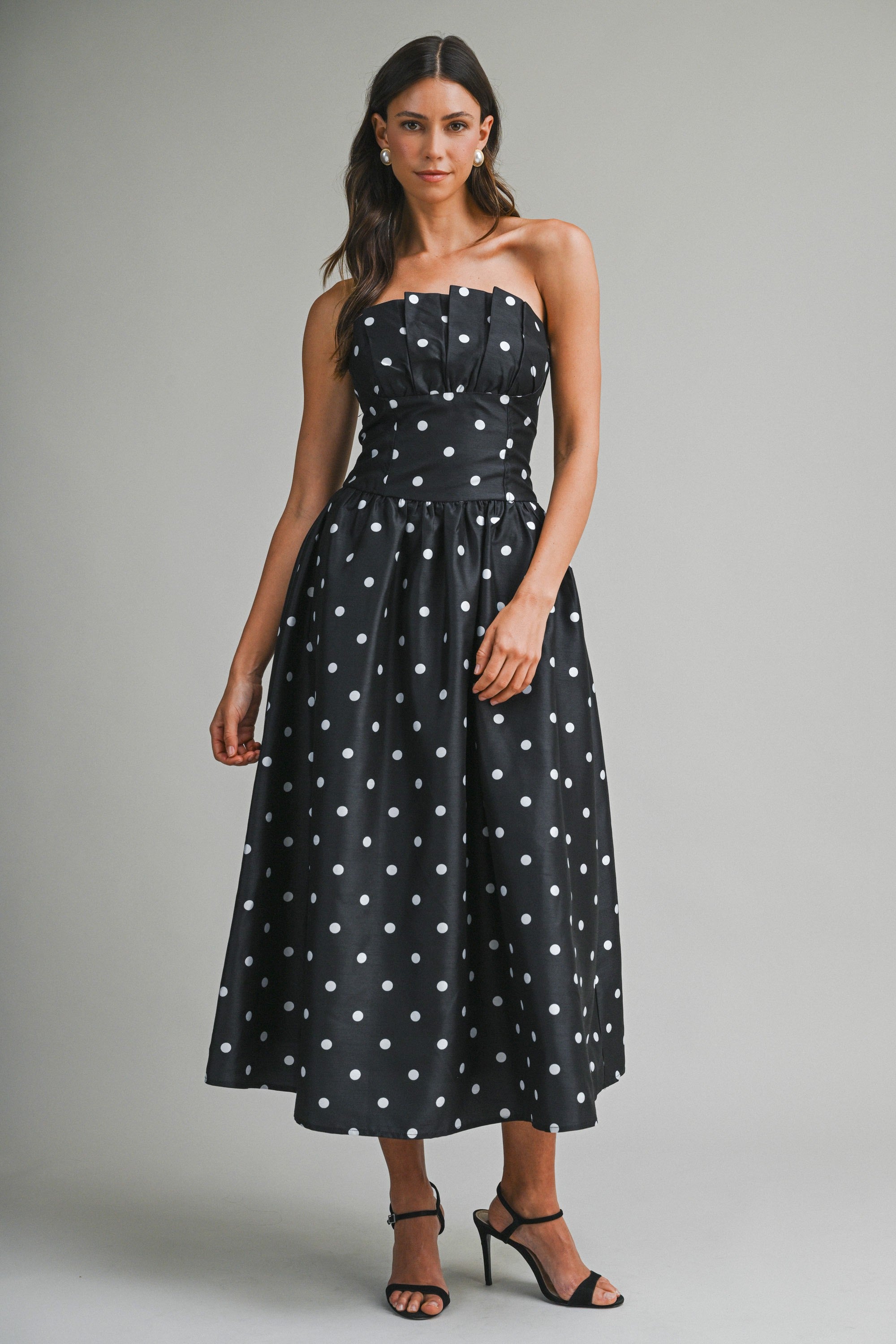 Mable Polka Dot Strapless Midi Dress With Pleated Bodice