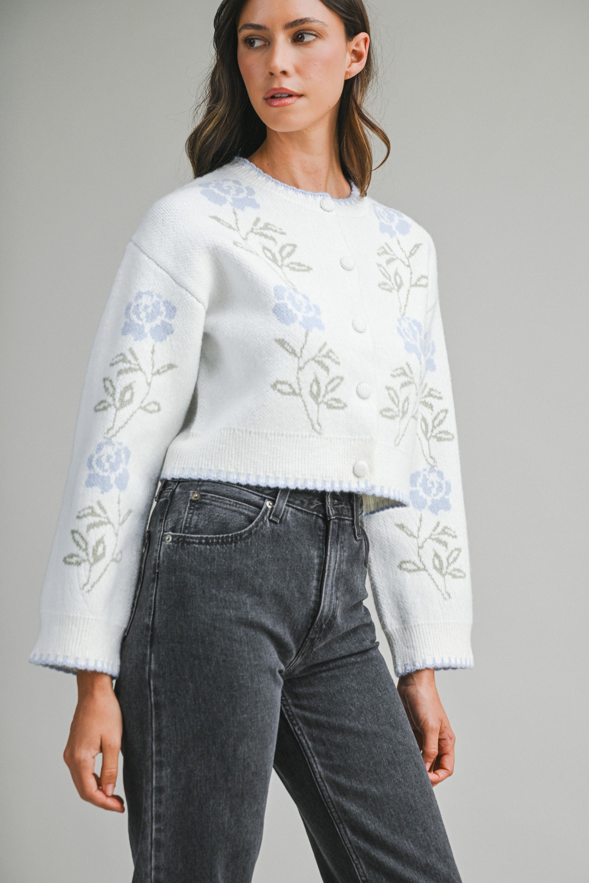 Mable Floral Jacquard Button Down Knit Cardigan