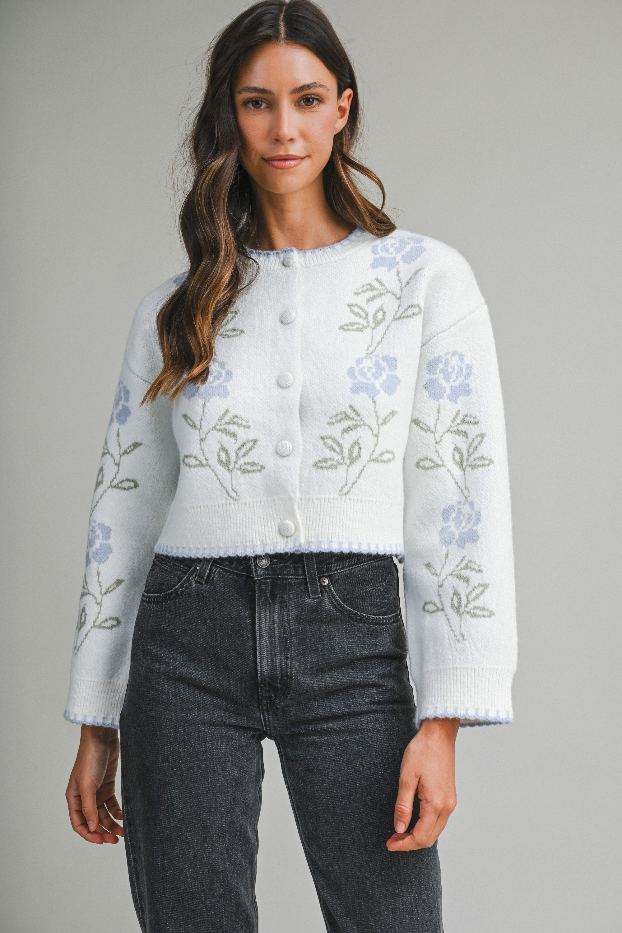 Mable Floral Jacquard Button Down Knit Cardigan
