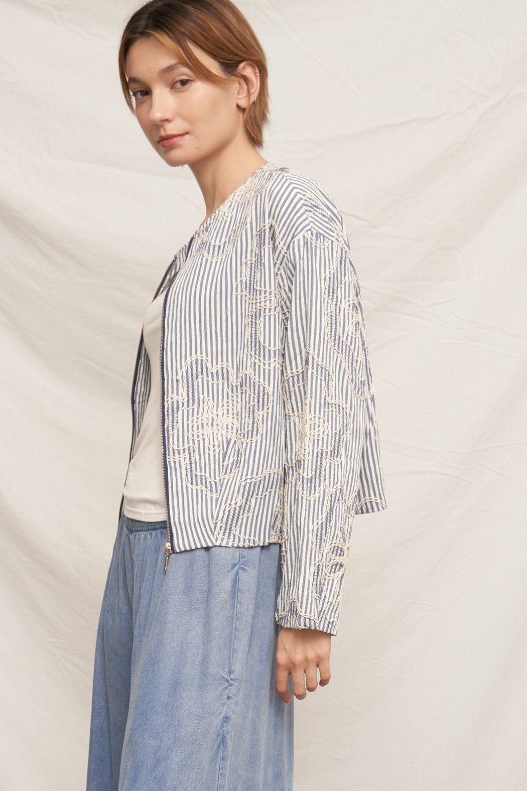 En Crème Striped Embroidered Floral Jacket