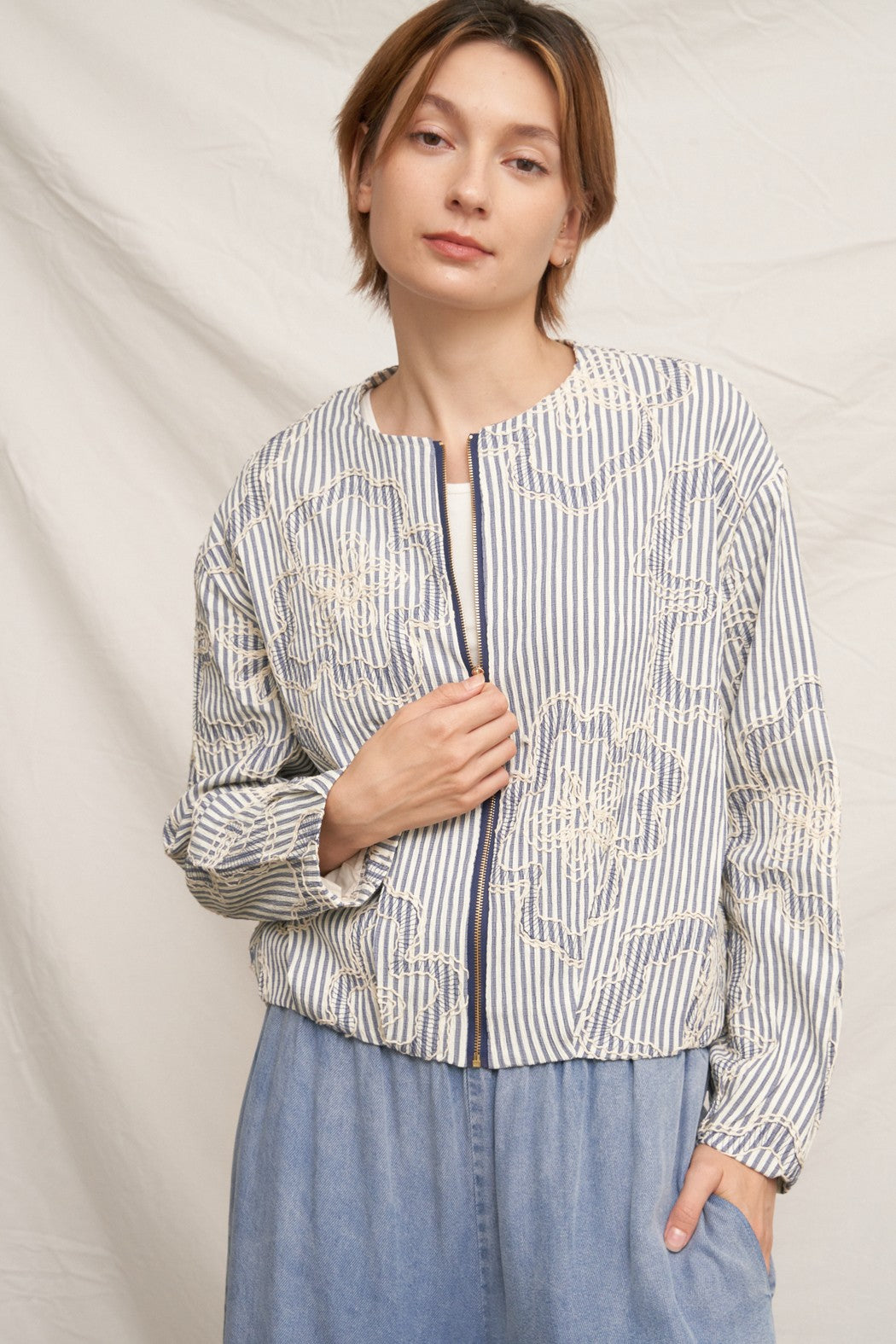 En Crème Striped Embroidered Floral Jacket