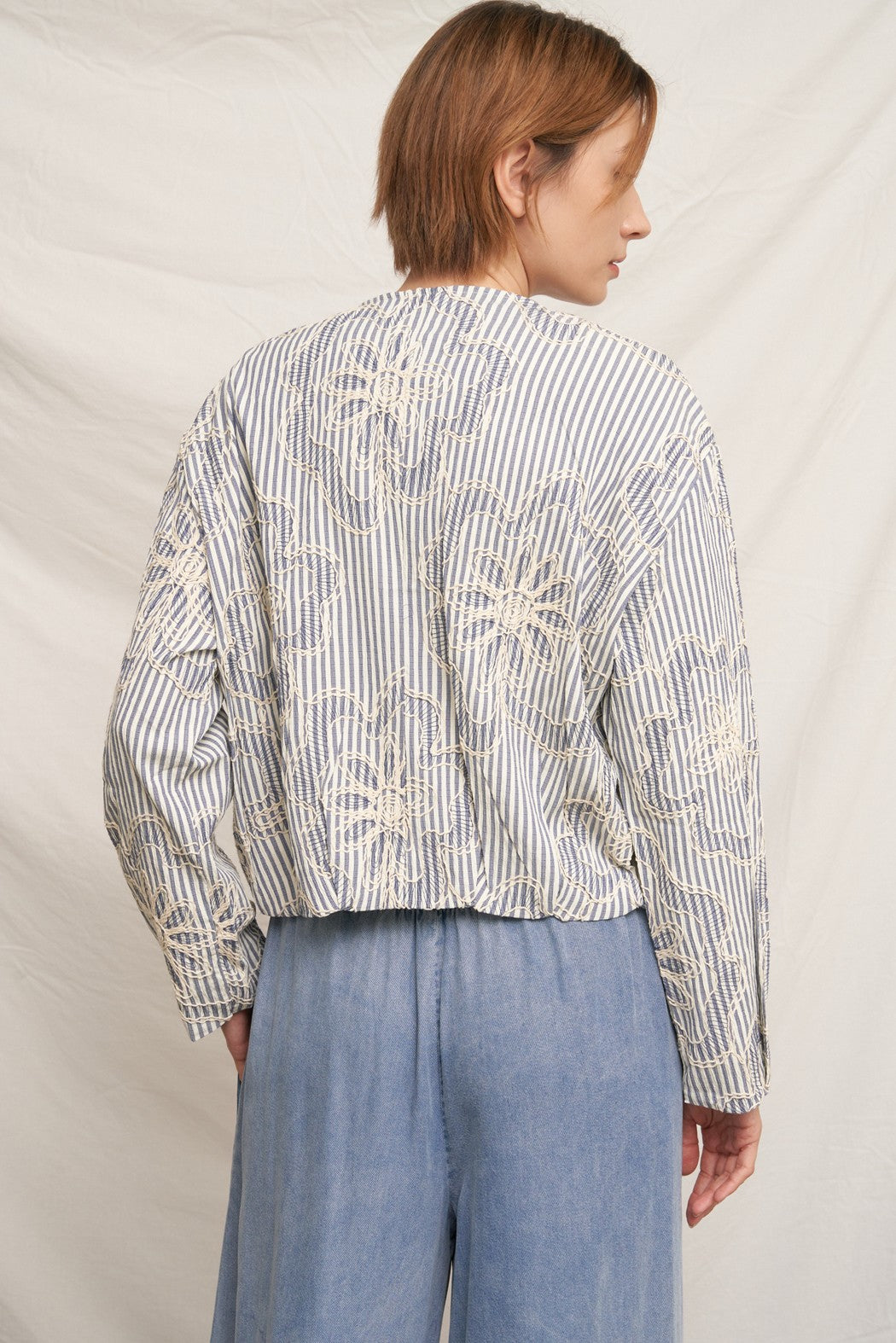 En Crème Striped Embroidered Floral Jacket