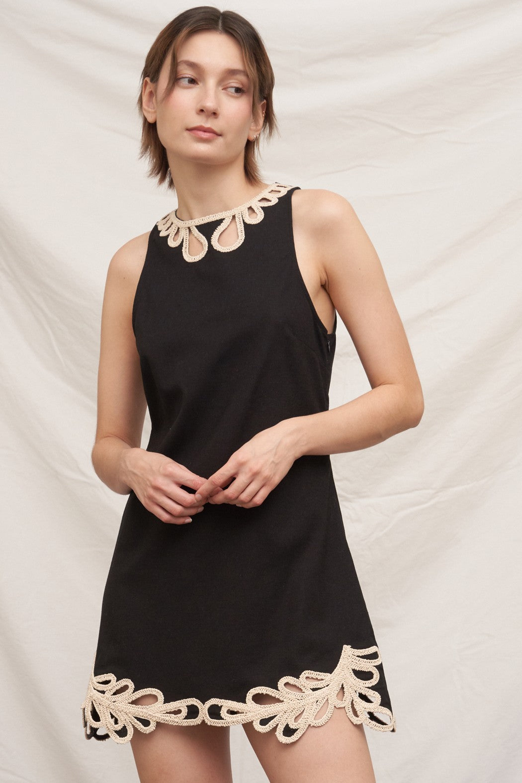 En Crème Crochet Trim Sleeveless Mini Dress