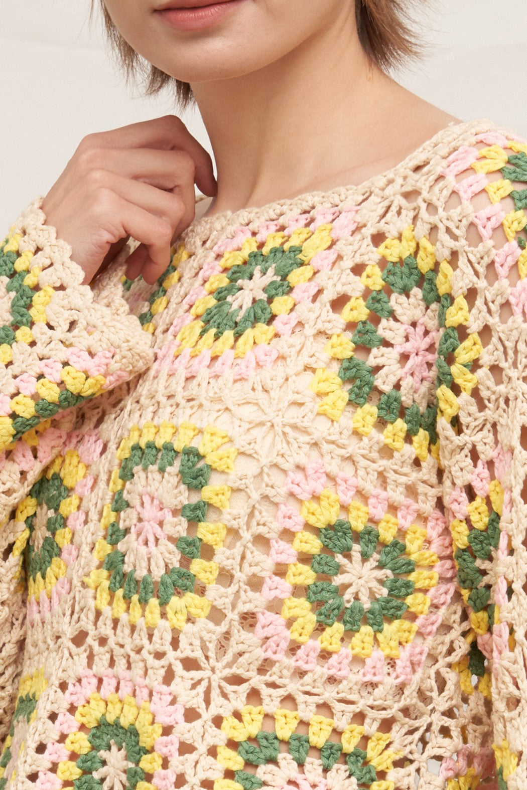 En Crème Long Sleeve Granny Square Crochet Top