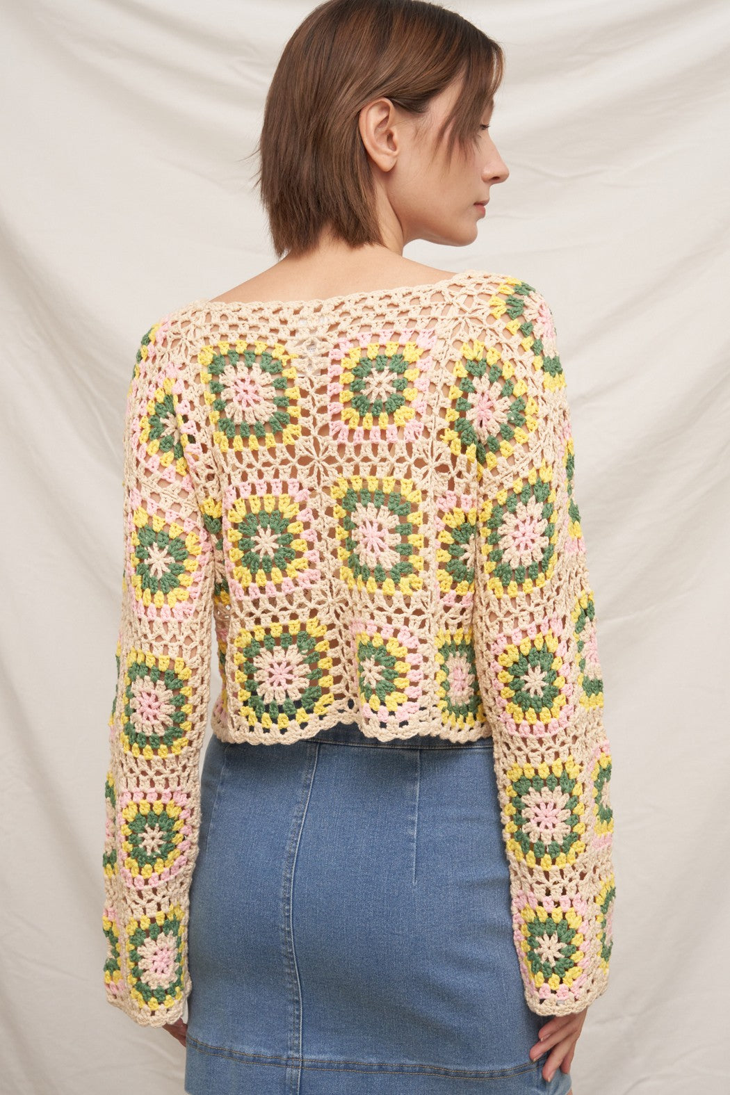 En Crème Long Sleeve Granny Square Crochet Top