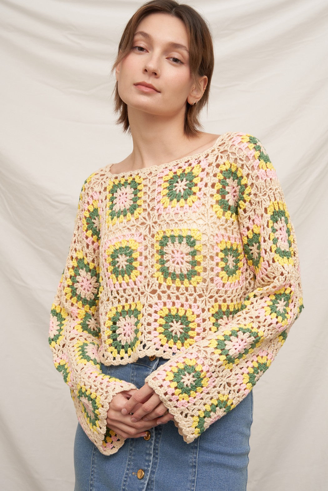 En Crème Long Sleeve Granny Square Crochet Top