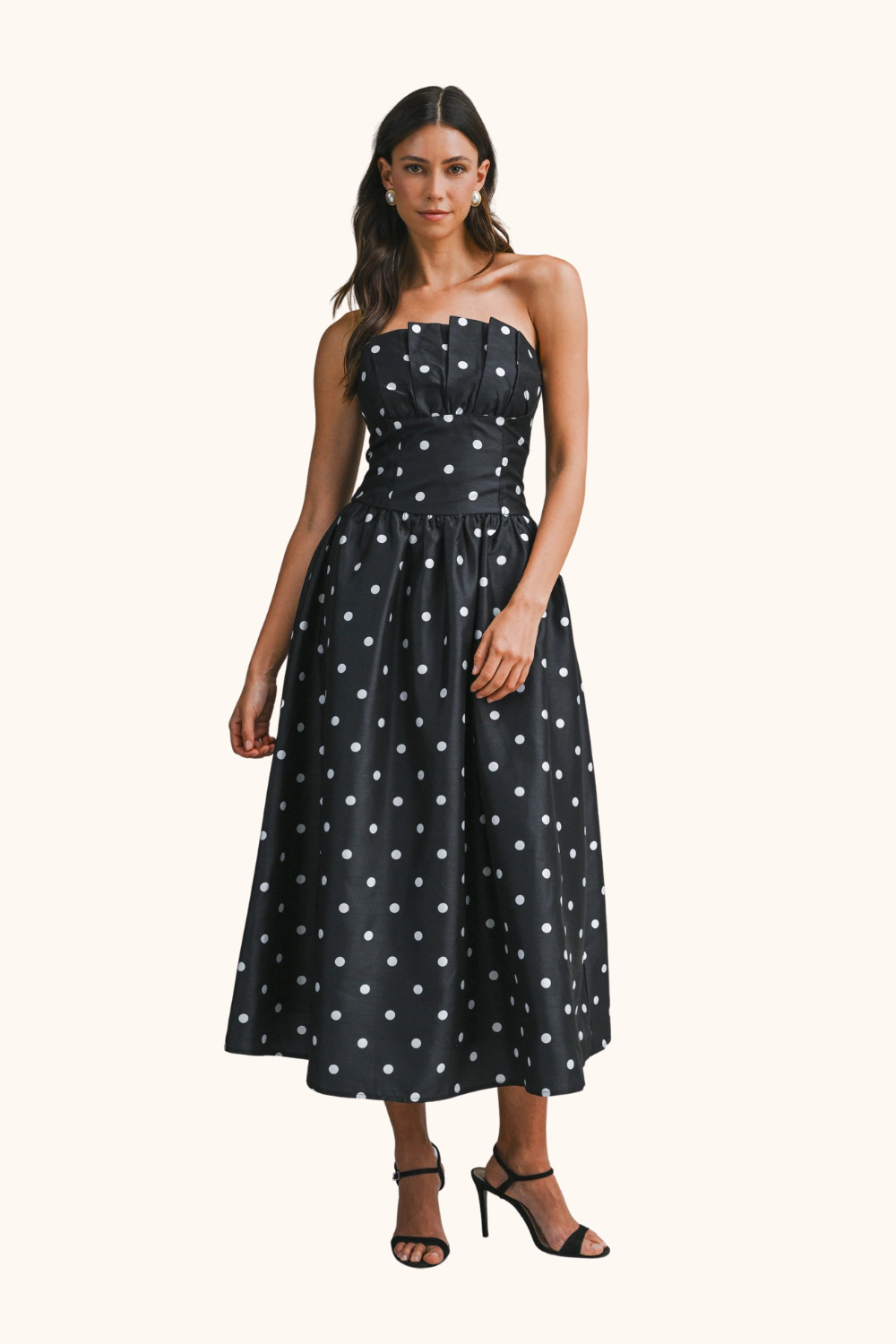 pleated bodice midi dress Mable Polka Dot Strapless Midi Dress With Pleated Bodice sm