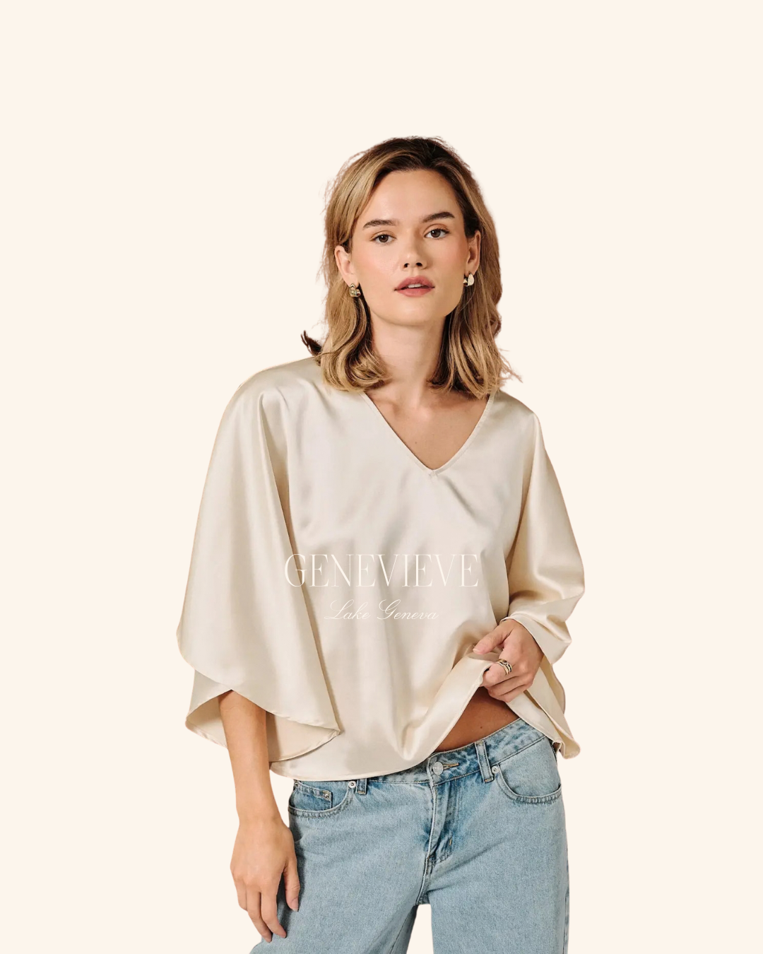 Sunday Edition V-Neck Satin Cape Sleeve Top