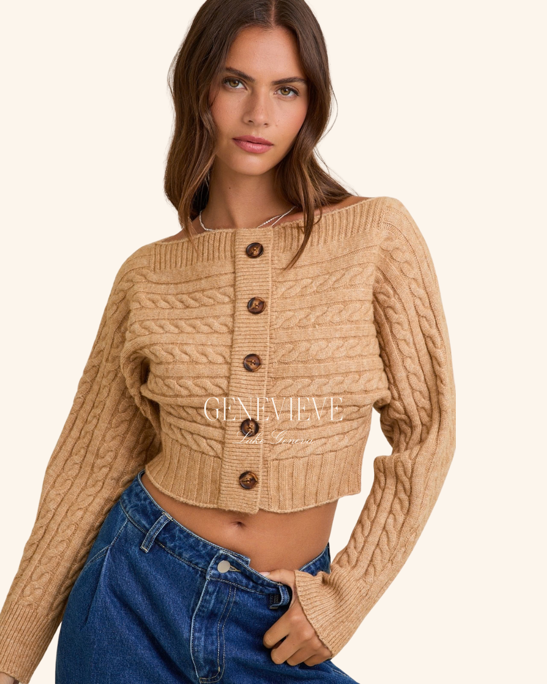 Le Lis Beige Off The Shoulder Button Down Sweater