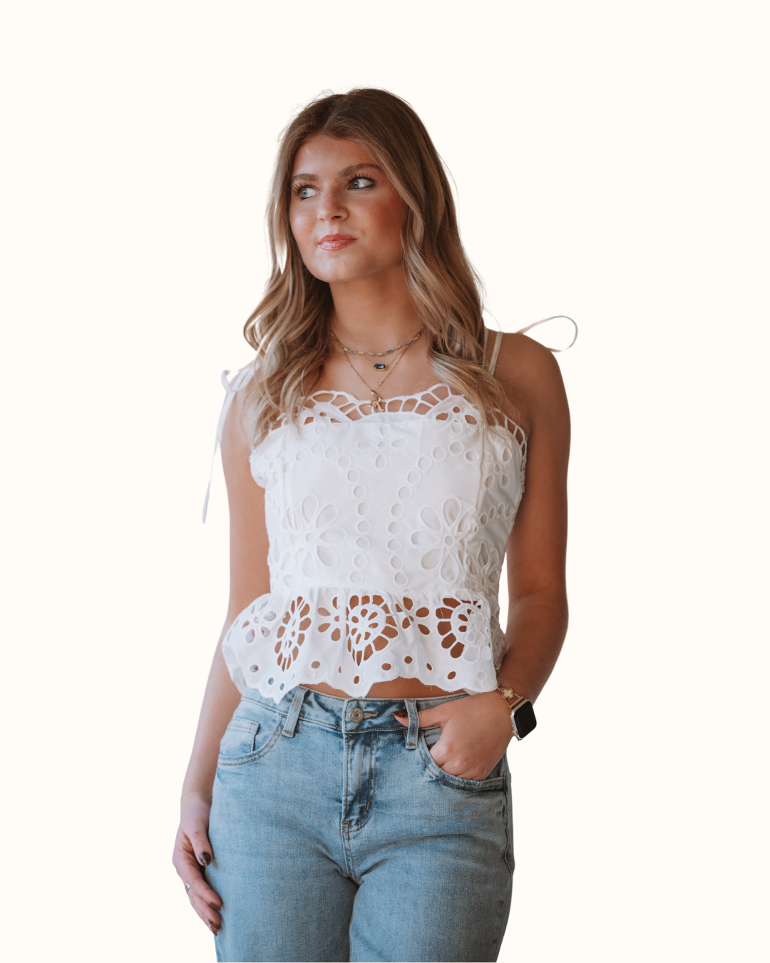 Needii Cotton Eyelet Peplum Top (Various Colors)