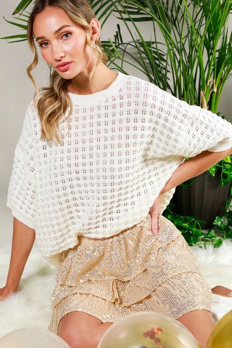 Vine & Love Crochet Textured Knitted Sweater Top