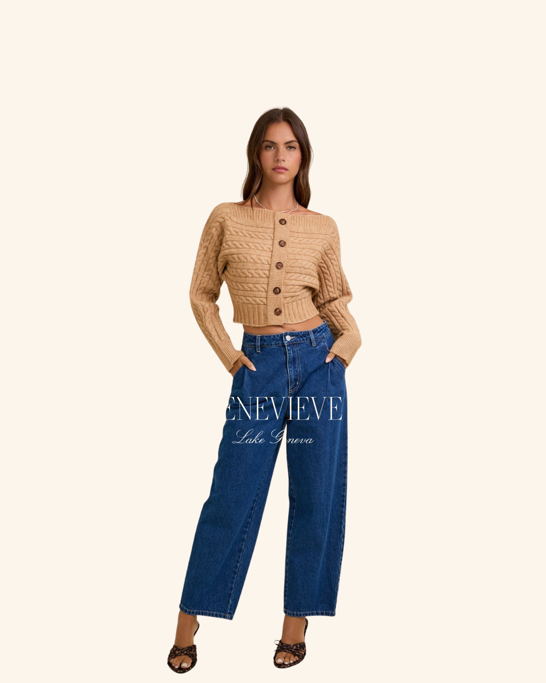 Le Lis Beige Off The Shoulder Button Down Sweater