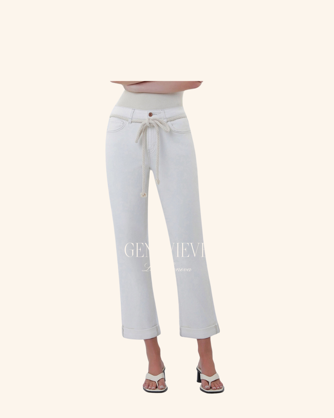 Flying Monkey White Cuff Boyfriend Jean With Rope Belt