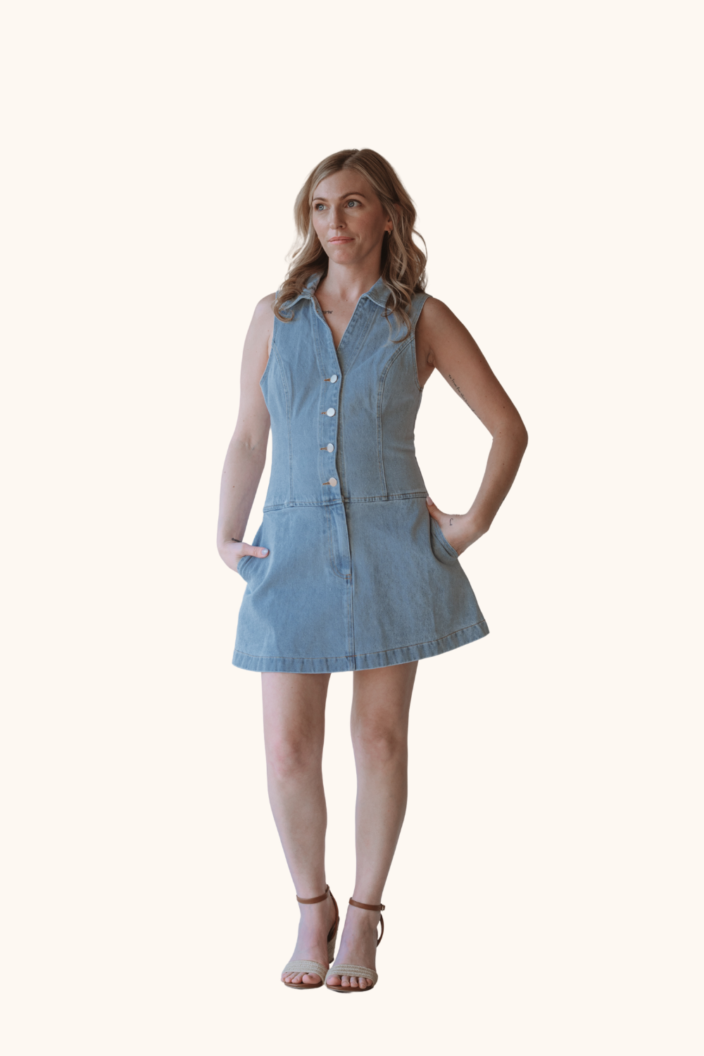 Le Lis Low Waist Collared Sleeveless Denim Dress